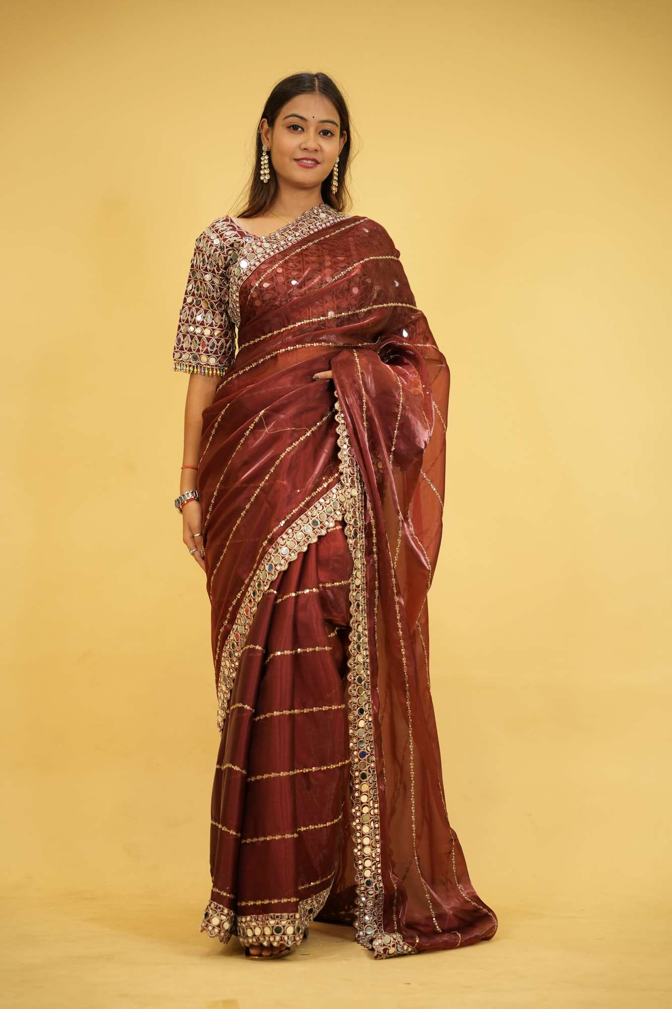 Wine Organza Mirror Work with Embroidered Ready To Wear Saree