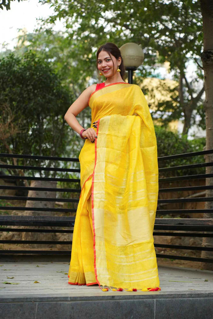 Yellow Pure Linen Ready to Wear Saree with striking red border