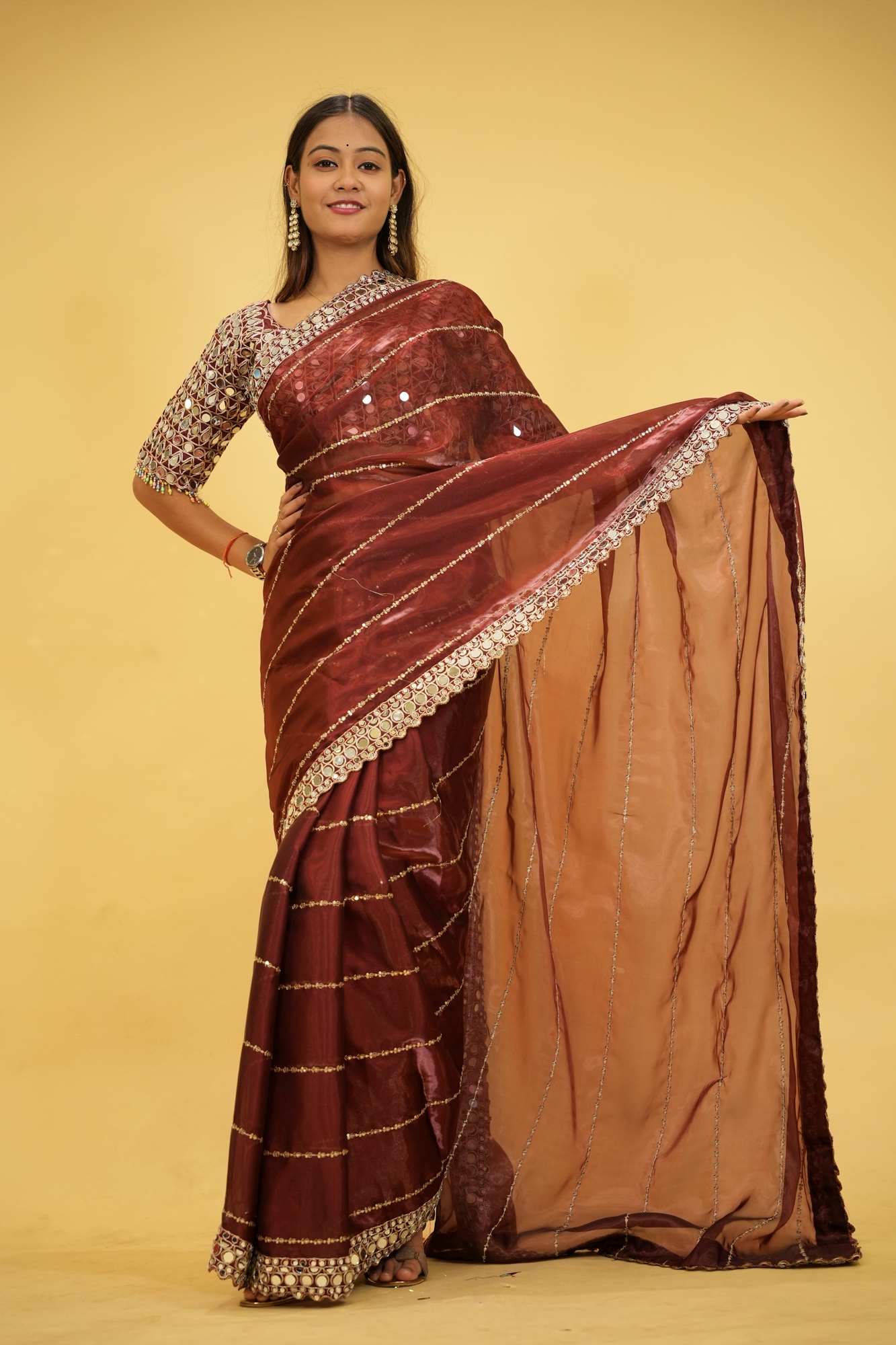 Wine Organza Mirror Work with Embroidered Ready To Wear Saree