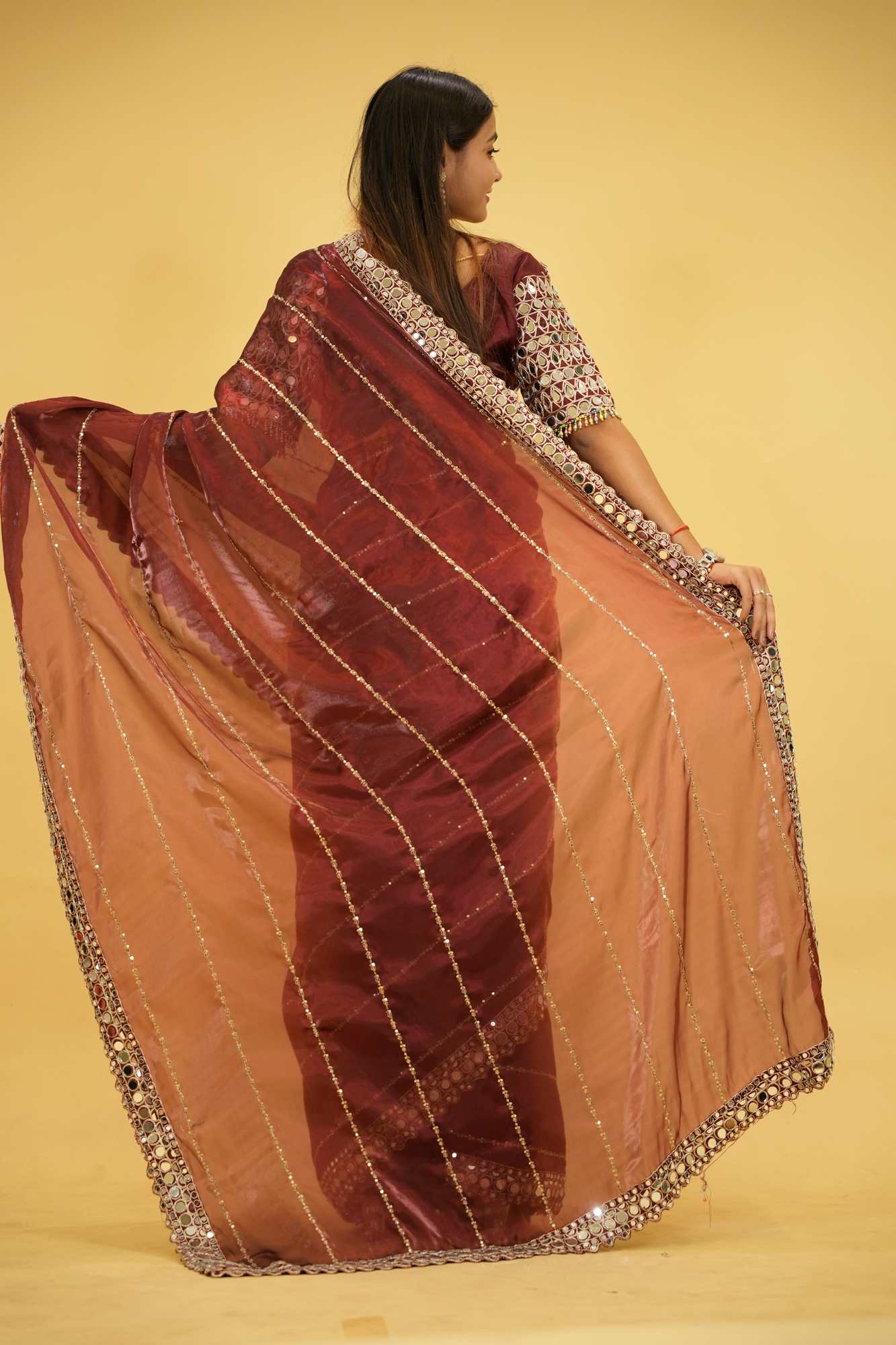 Wine Organza Mirror Work with Embroidered Ready To Wear Saree