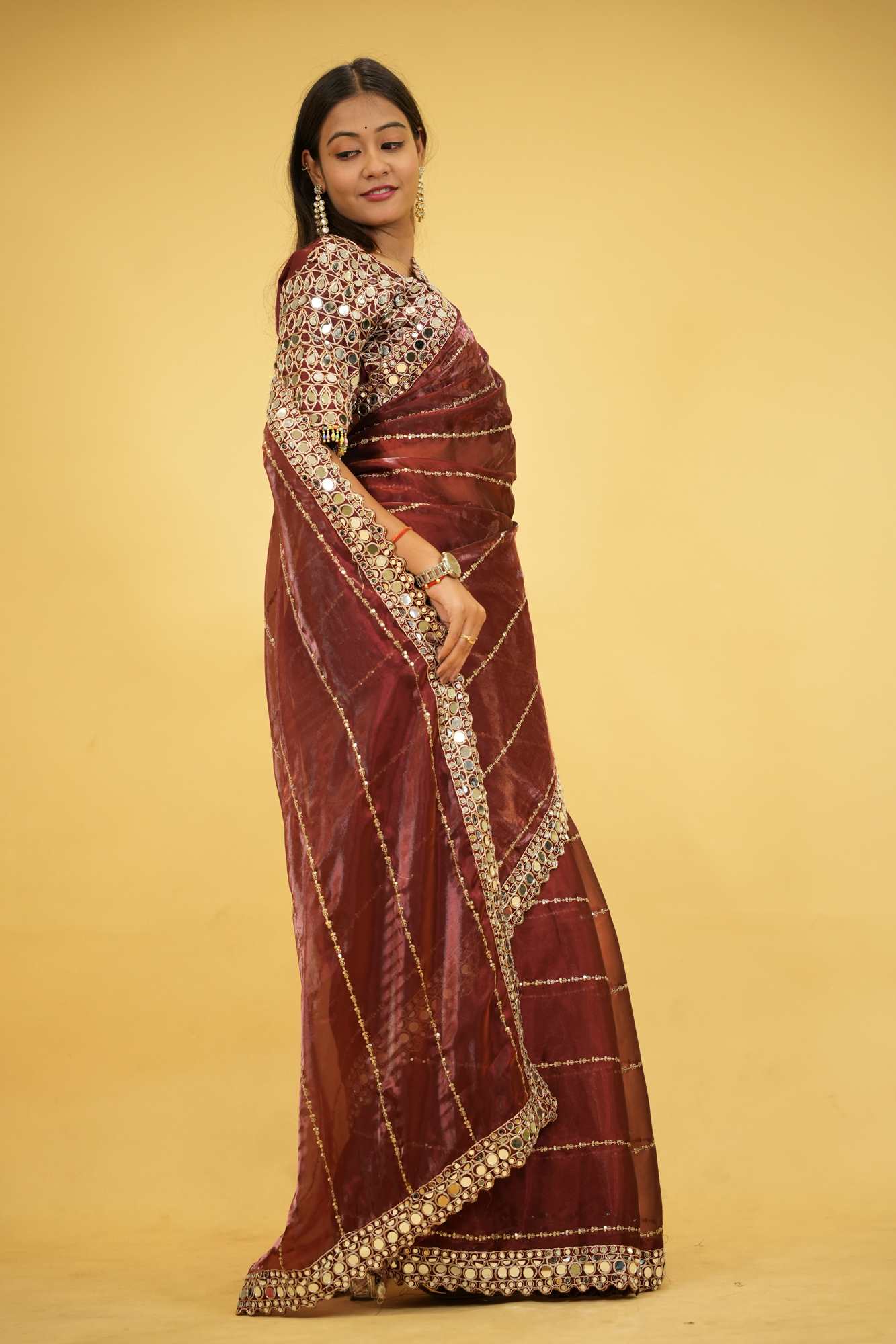 Wine Organza Mirror Work with Embroidered Ready To Wear Saree