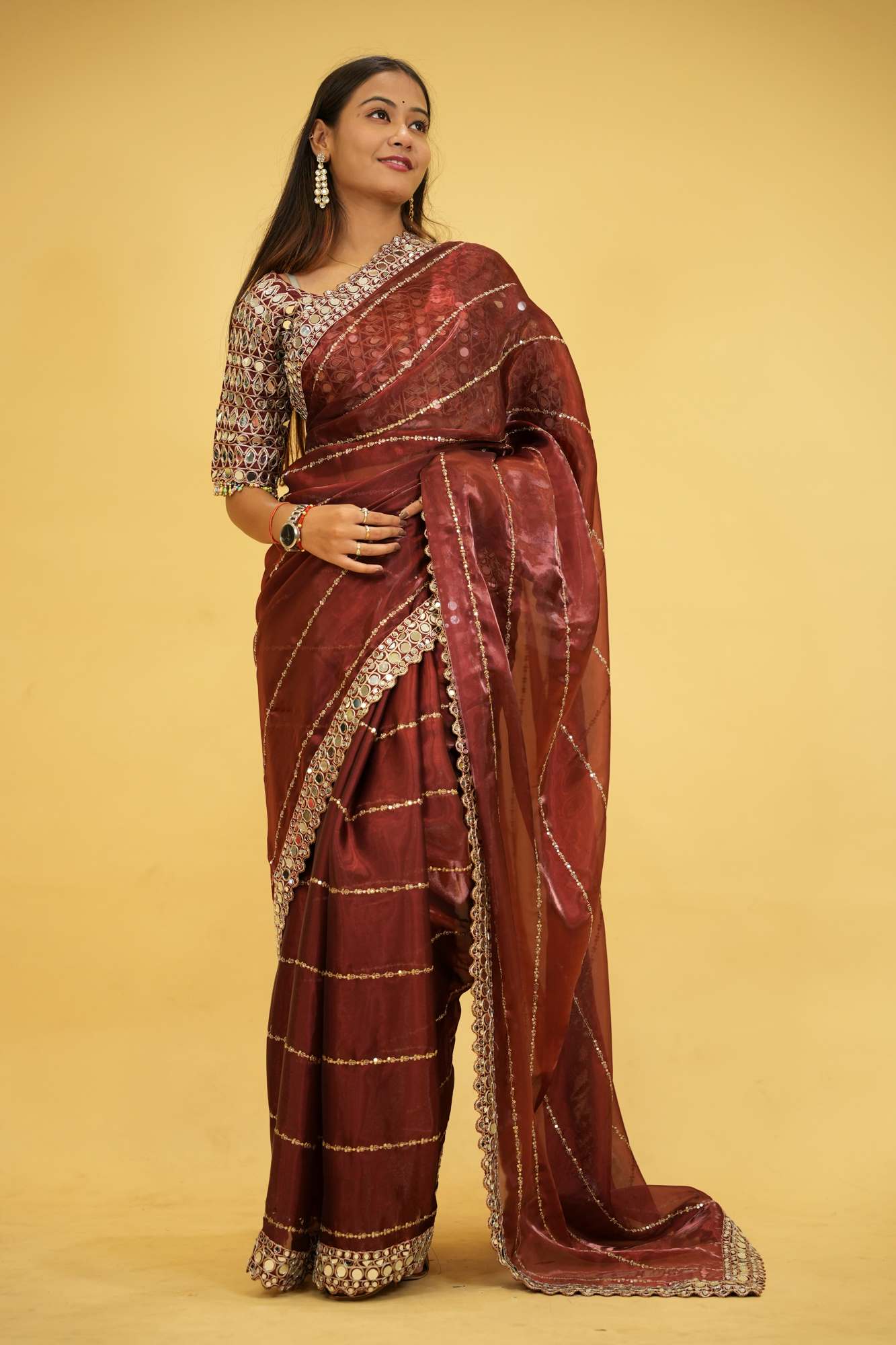 Wine Organza Mirror Work with Embroidered Ready To Wear Saree