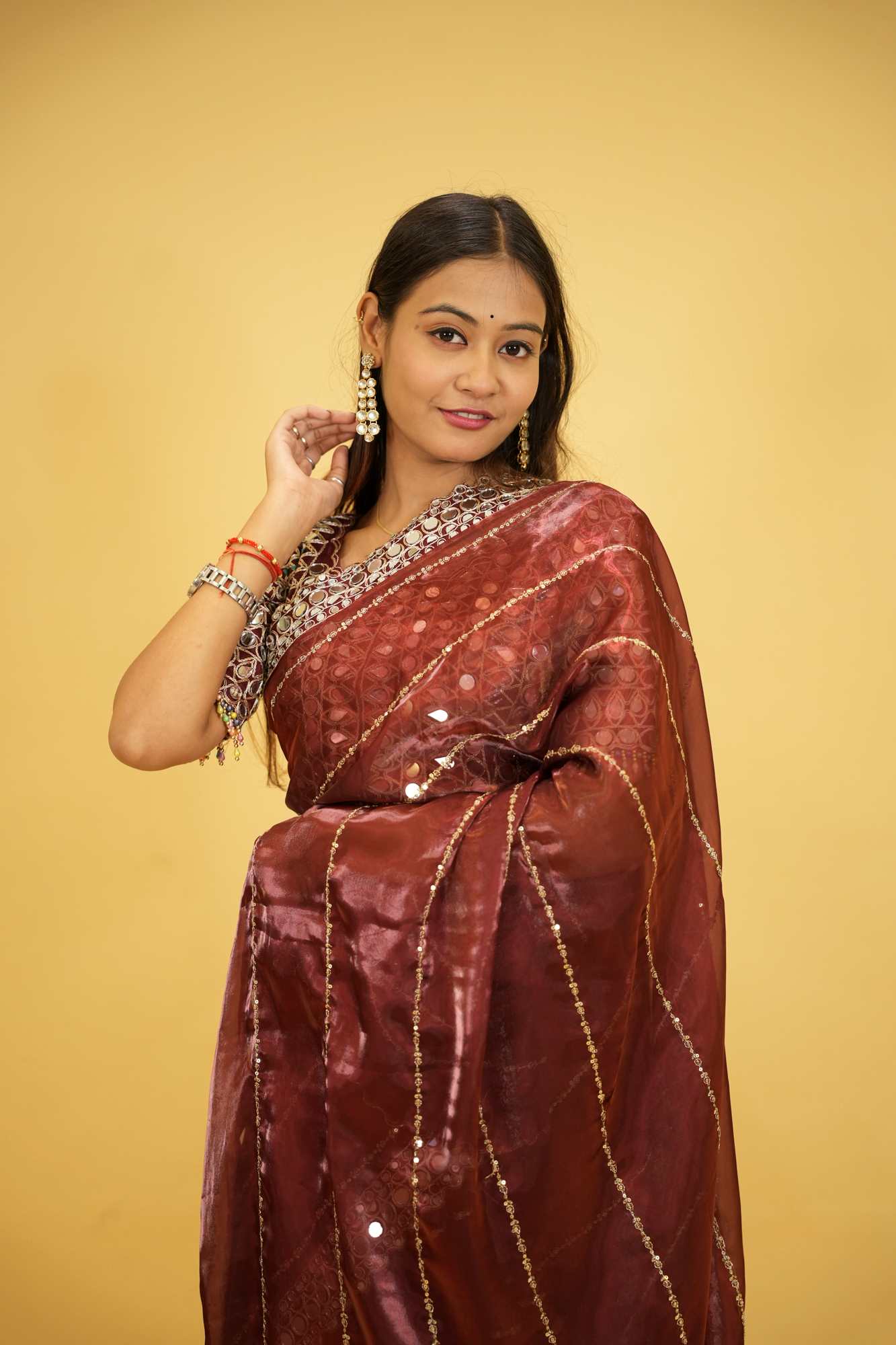 Wine Organza Mirror Work with Embroidered Ready To Wear Saree