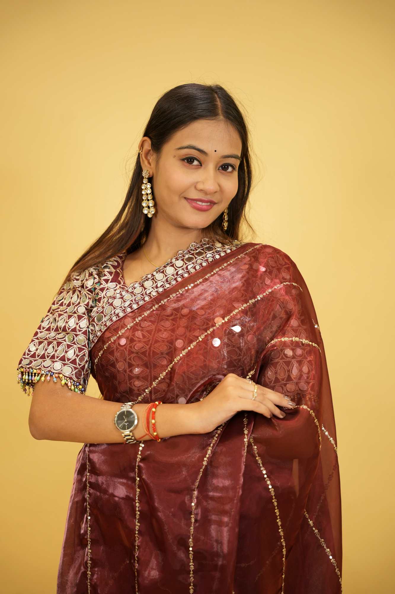 Wine Organza Mirror Work with Embroidered Ready To Wear Saree