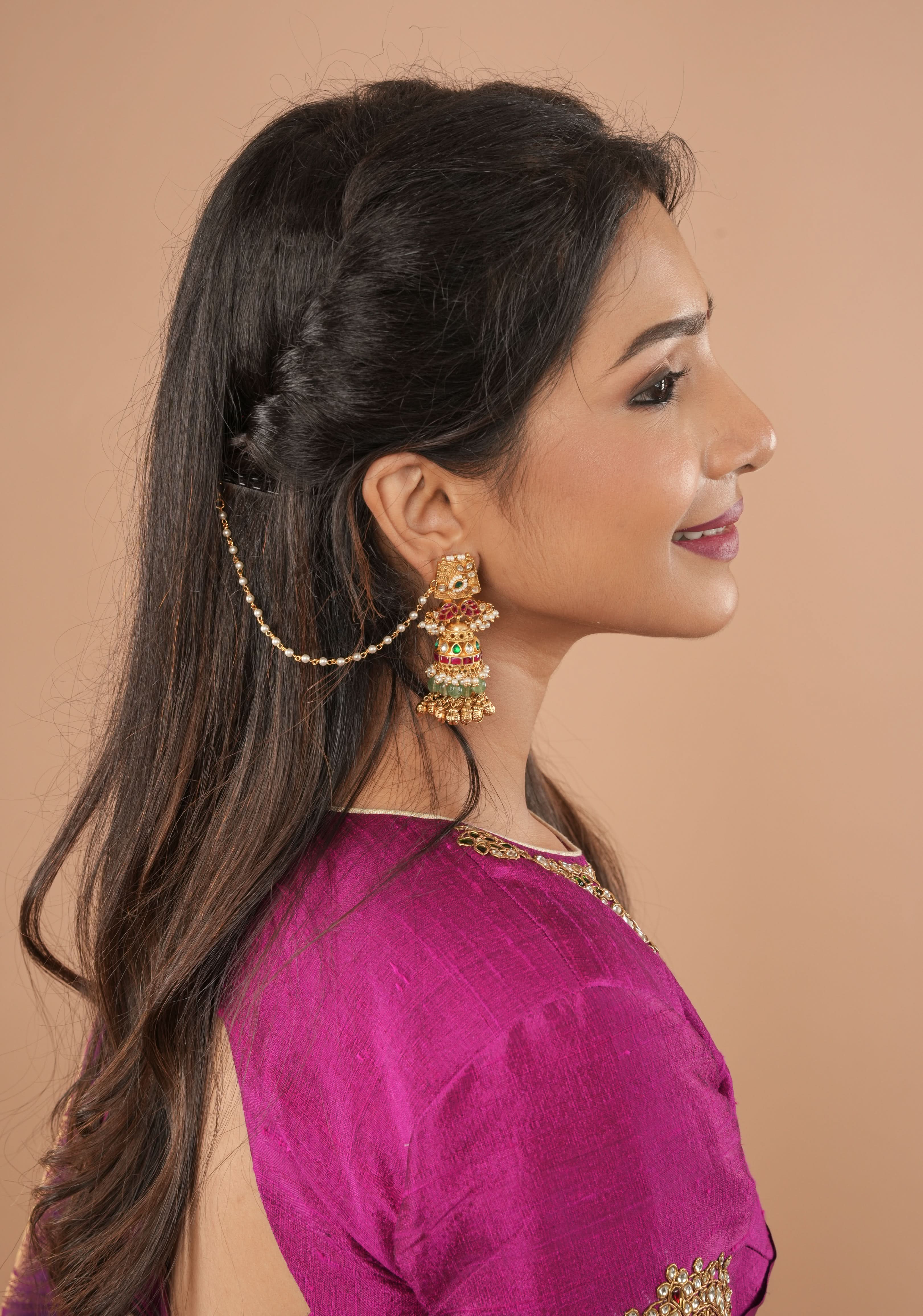 Fuchsia pure raw silk blouse with Kundan necklace and bajuband handwork and unique back cutout | Made to Order | Shobitam