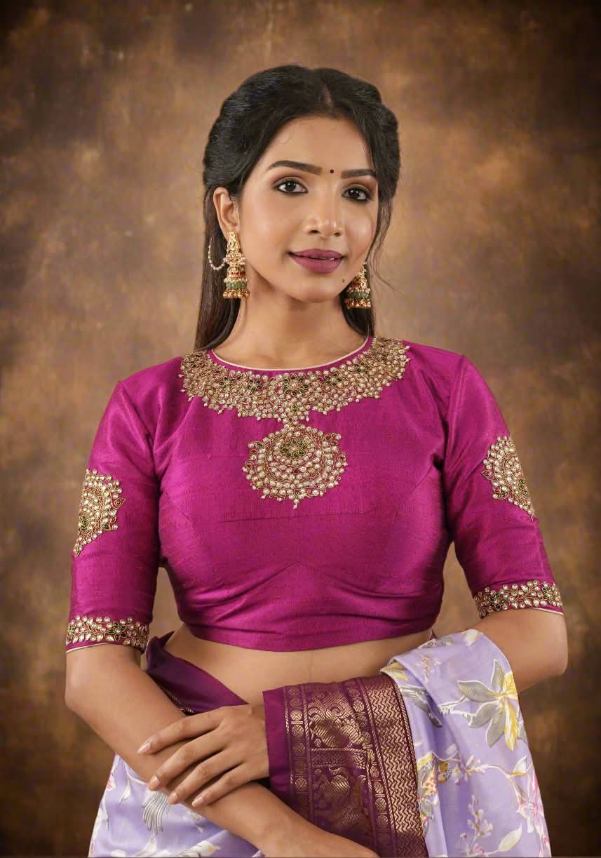 Fuchsia pure raw silk blouse with Kundan necklace and bajuband handwork and unique back cutout | Made to Order | Shobitam