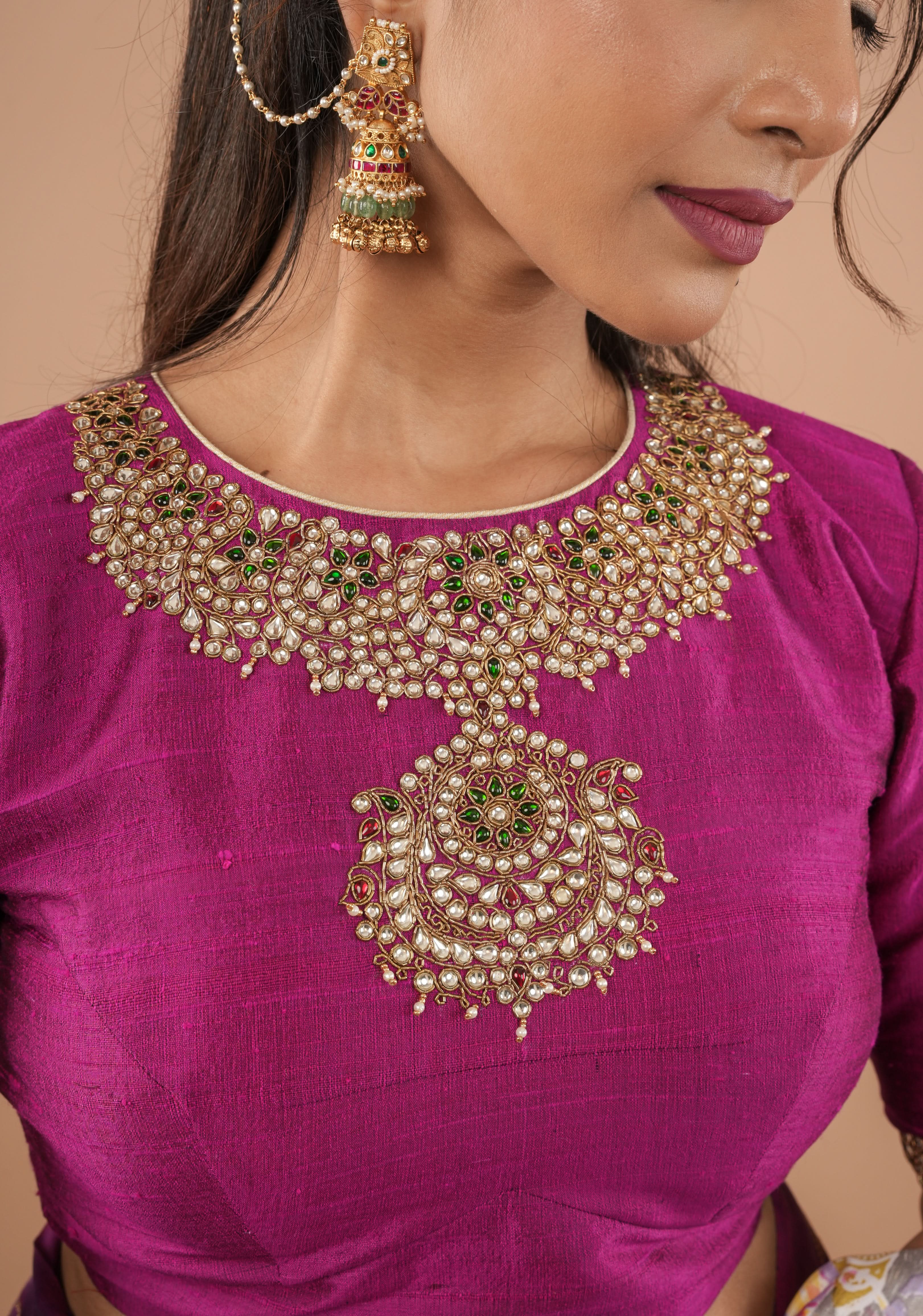 Fuchsia pure raw silk blouse with Kundan necklace and bajuband handwork and unique back cutout | Made to Order | Shobitam