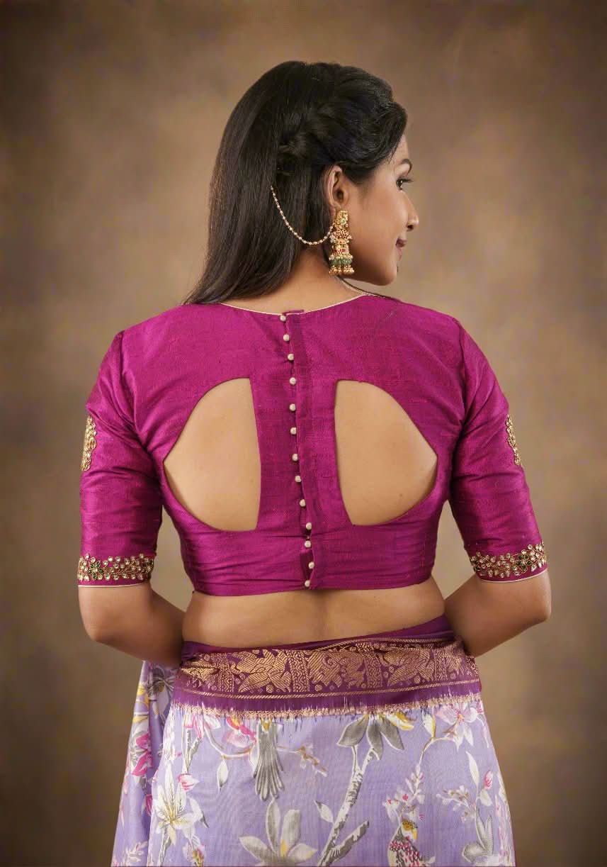 Fuchsia pure raw silk blouse with Kundan necklace and bajuband handwork and unique back cutout | Made to Order | Shobitam