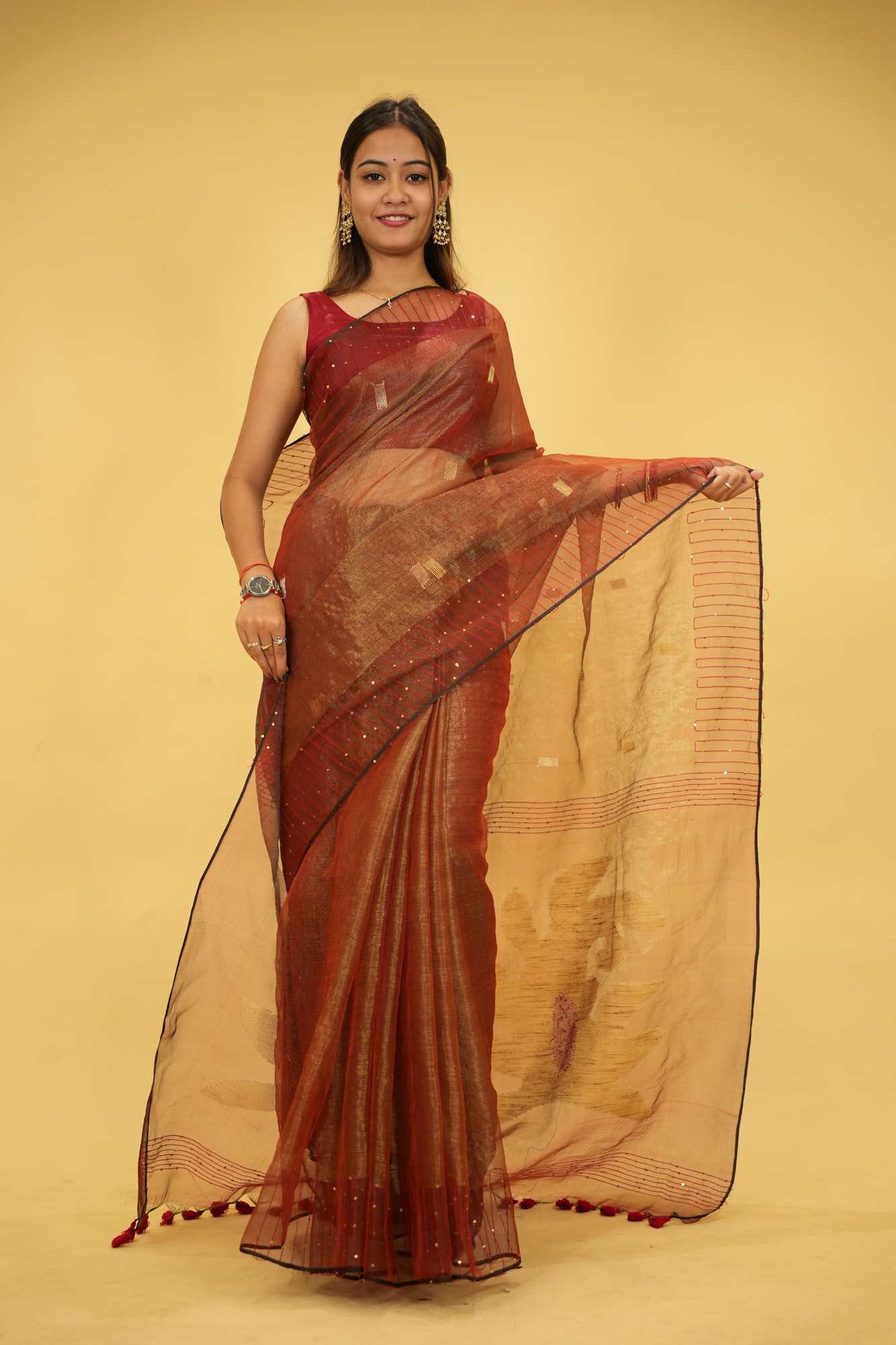 Tissue Jamdani Weaving Work Sequence Embellished Ready To Wear Saree