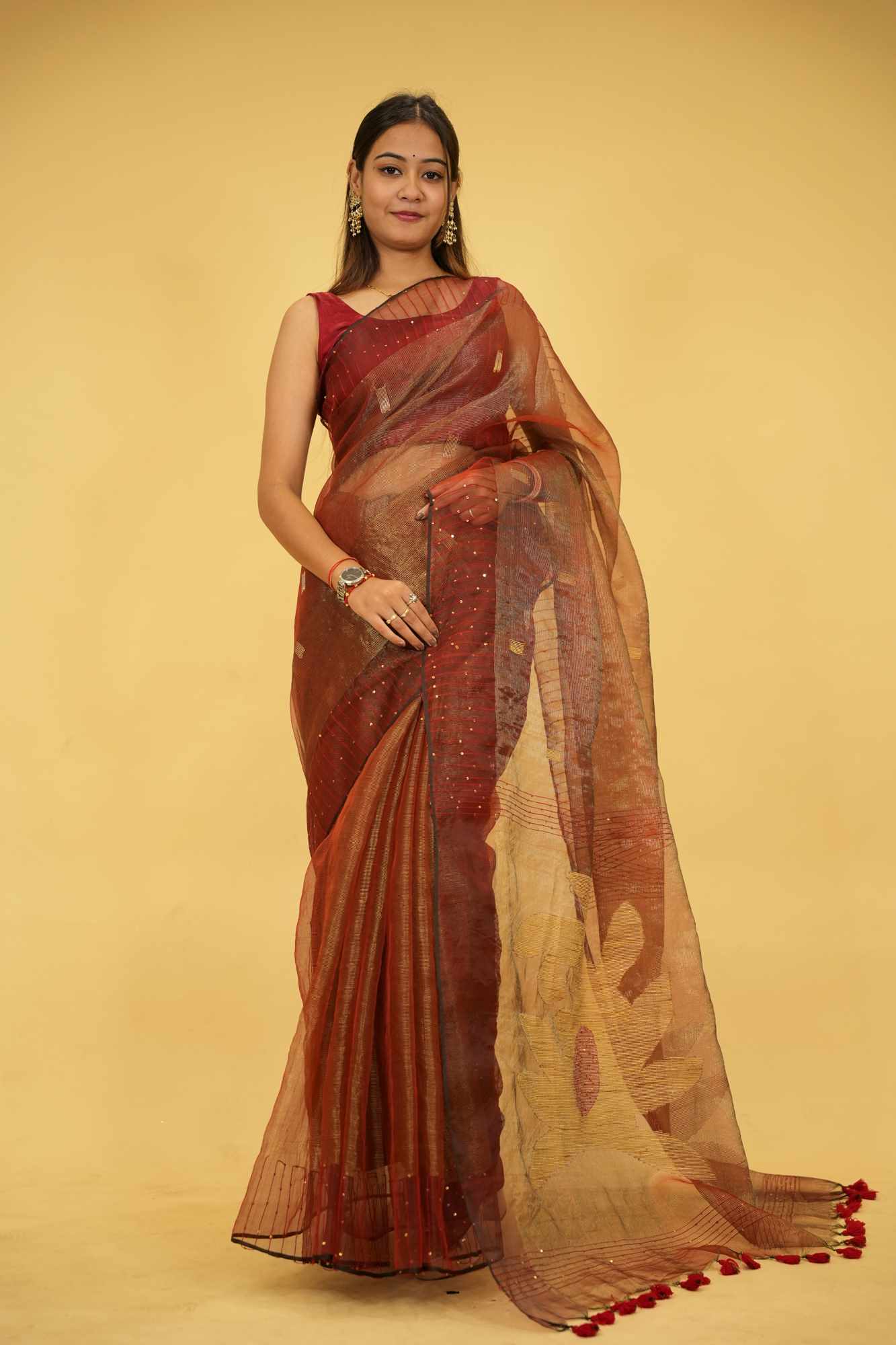 Tissue Jamdani Weaving Work Sequence Embellished Ready To Wear Saree