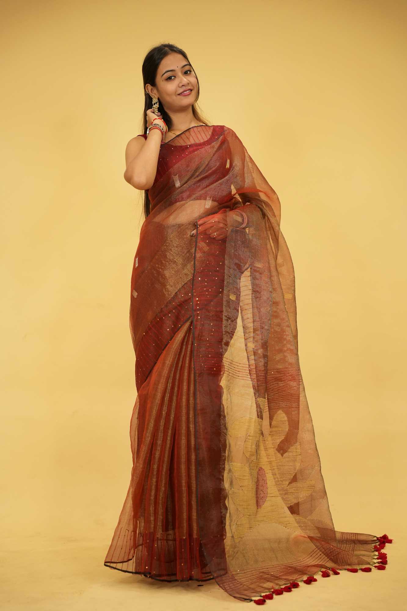 Tissue Jamdani Weaving Work Sequence Embellished Ready To Wear Saree