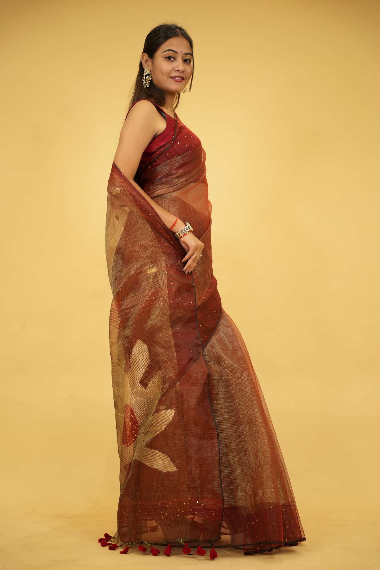 Tissue Jamdani Weaving Work Sequence Embellished Ready To Wear Saree