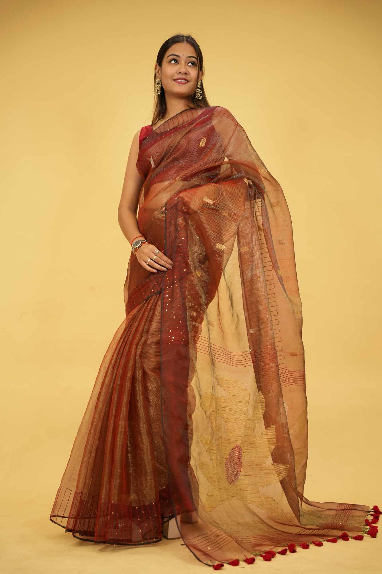 Tissue Jamdani Weaving Work Sequence Embellished Ready To Wear Saree