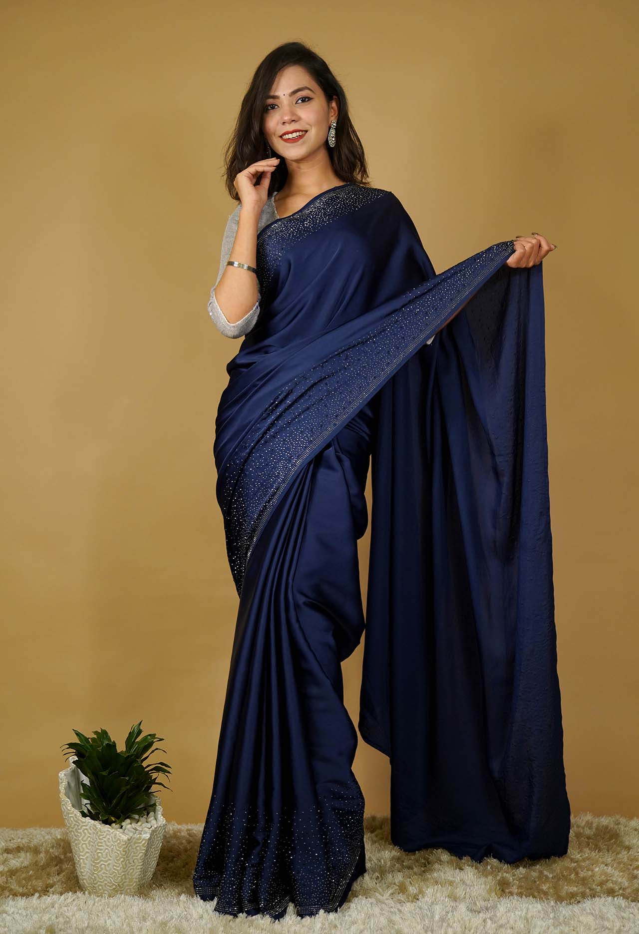 Classy ready to wear Soft Satin With Stone Embellished Detailed Border  Wrap In One Minute Saree