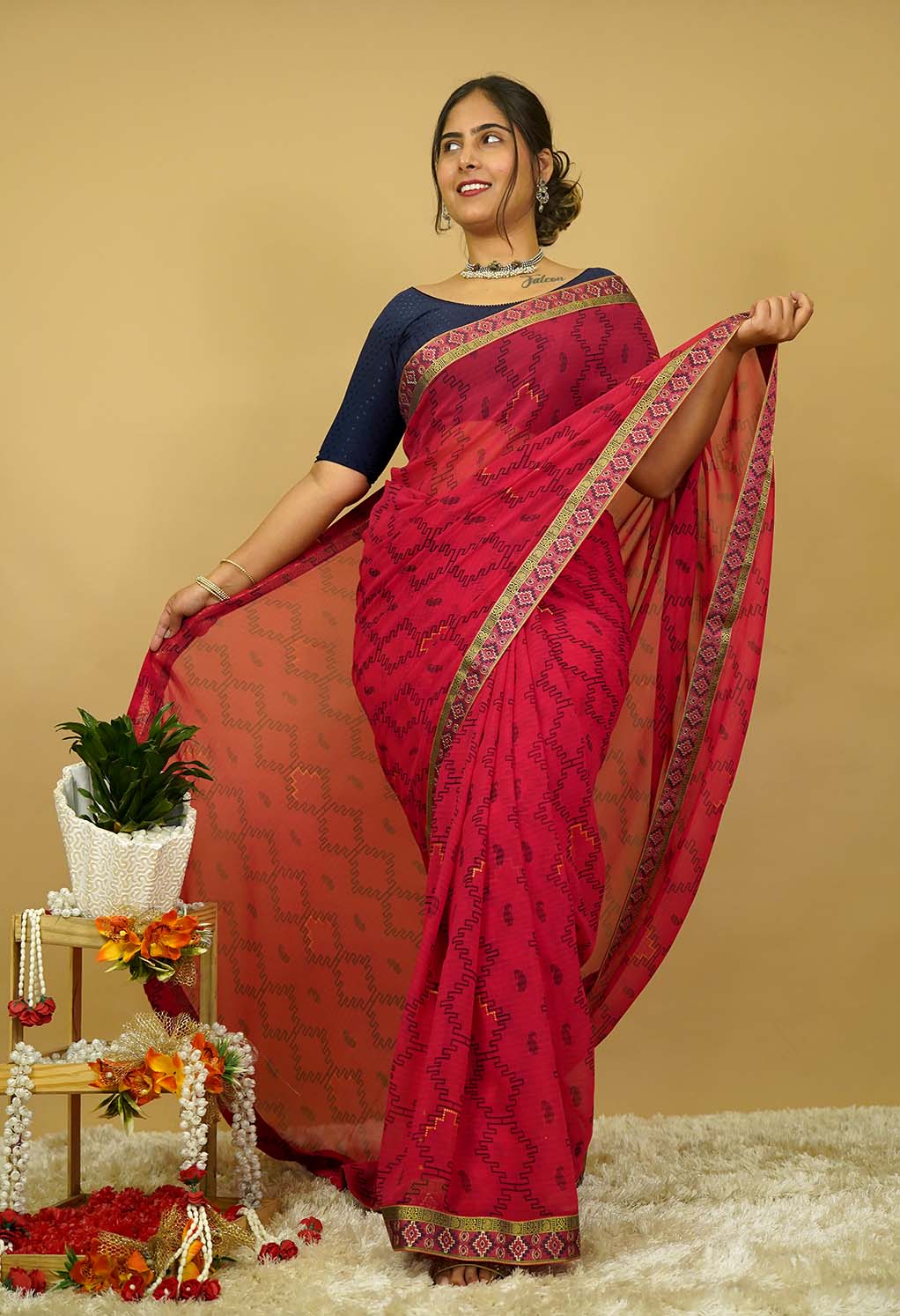 Ready to wear Geometric Printed Georgette  Woven Border Wrap IN One Minute Saree