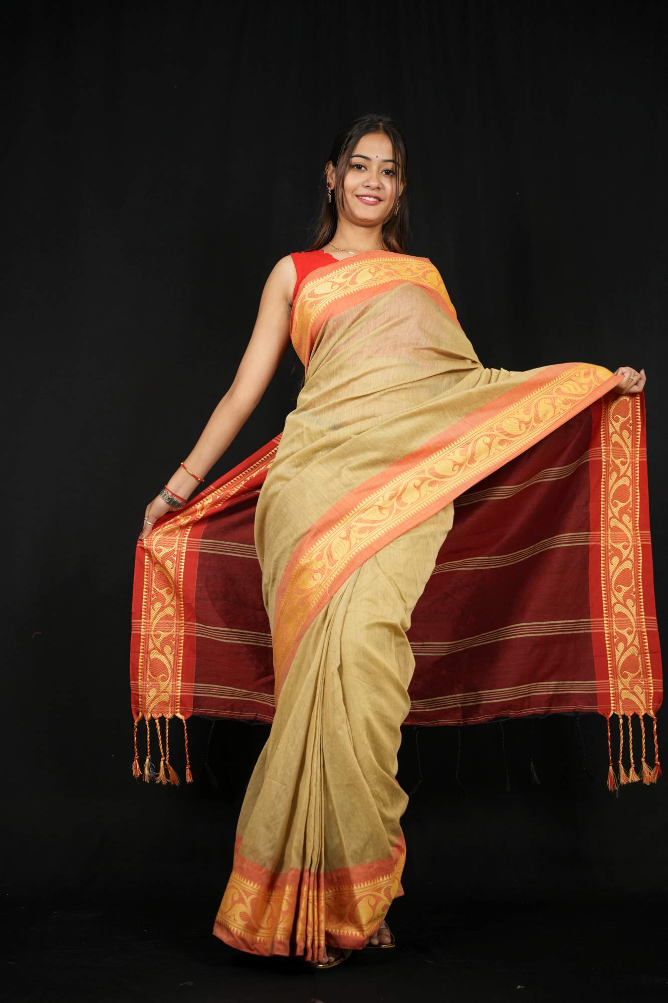 Golden Beige Cotton Silk with Red Woven Border & Pallu Ready To Wear Saree