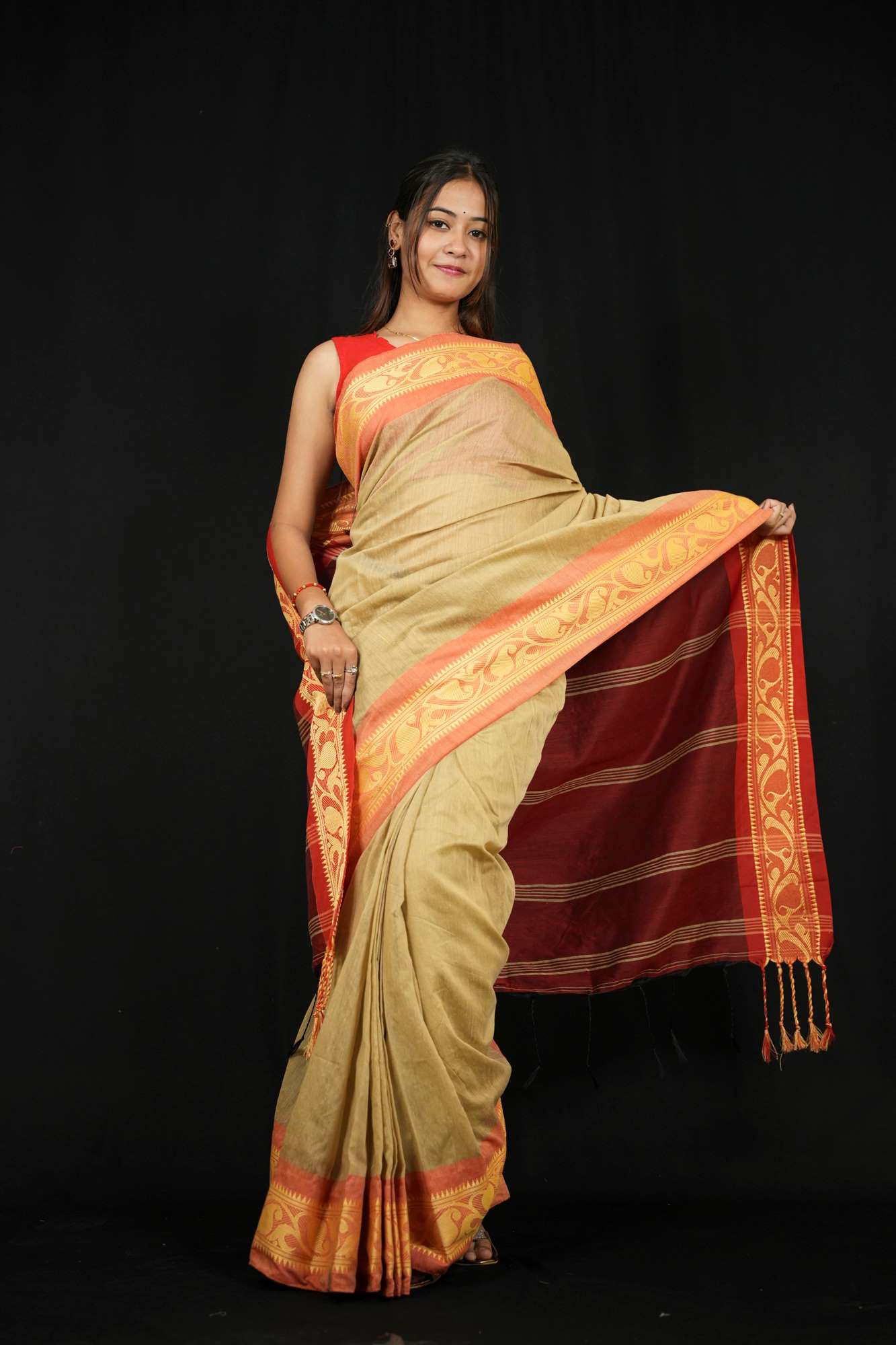 Golden Beige Cotton Silk with Red Woven Border & Pallu Ready To Wear Saree