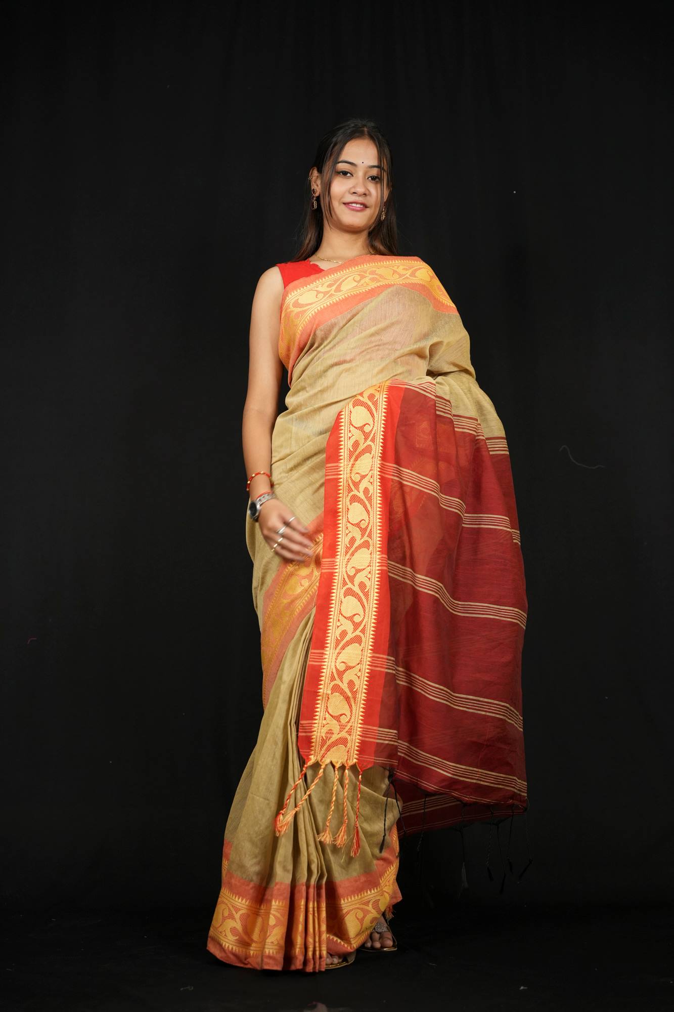 Golden Beige Cotton Silk with Red Woven Border & Pallu Ready To Wear Saree