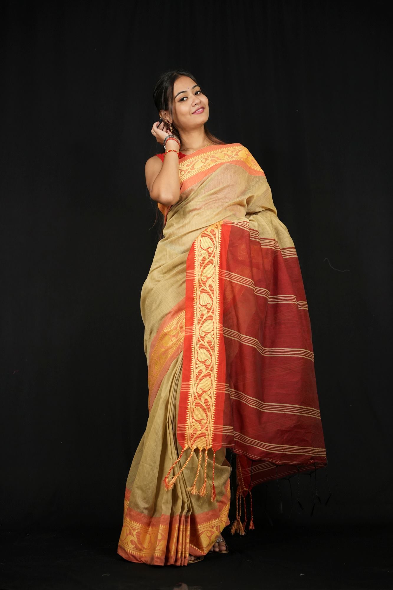 Golden Beige Cotton Silk with Red Woven Border & Pallu Ready To Wear Saree