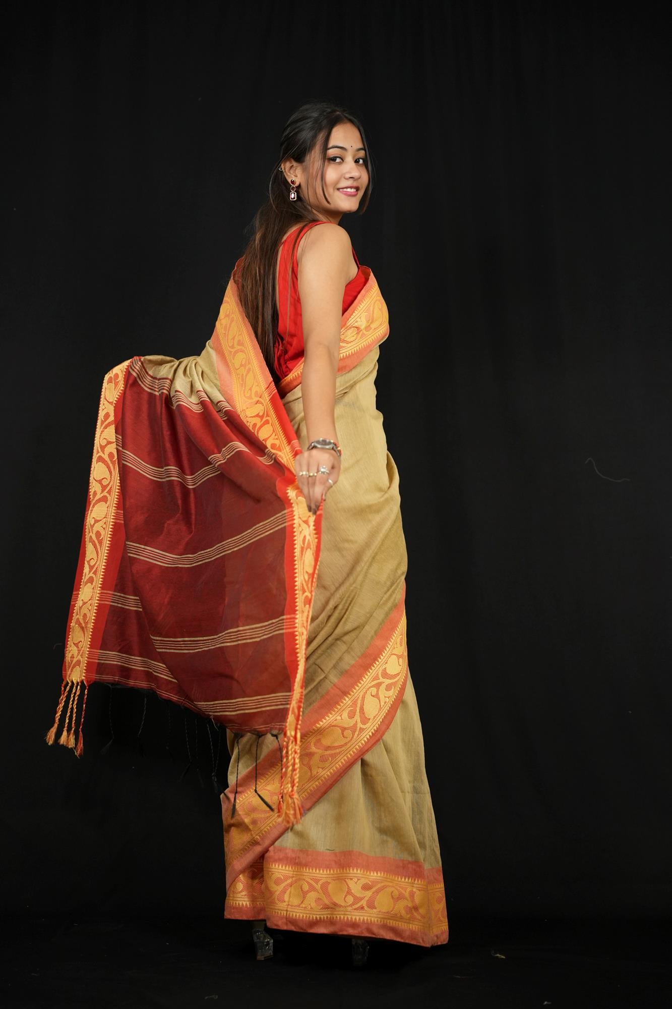 Golden Beige Cotton Silk with Red Woven Border & Pallu Ready To Wear Saree