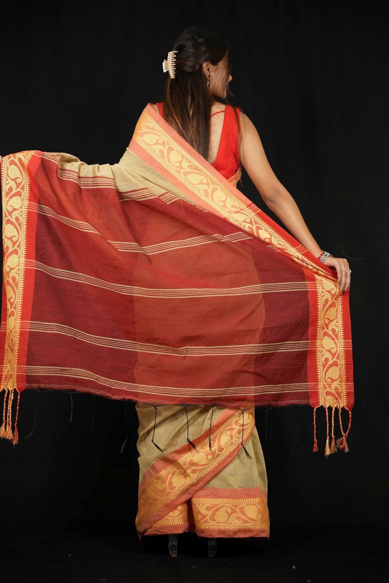 Golden Beige Cotton Silk with Red Woven Border & Pallu Ready To Wear Saree