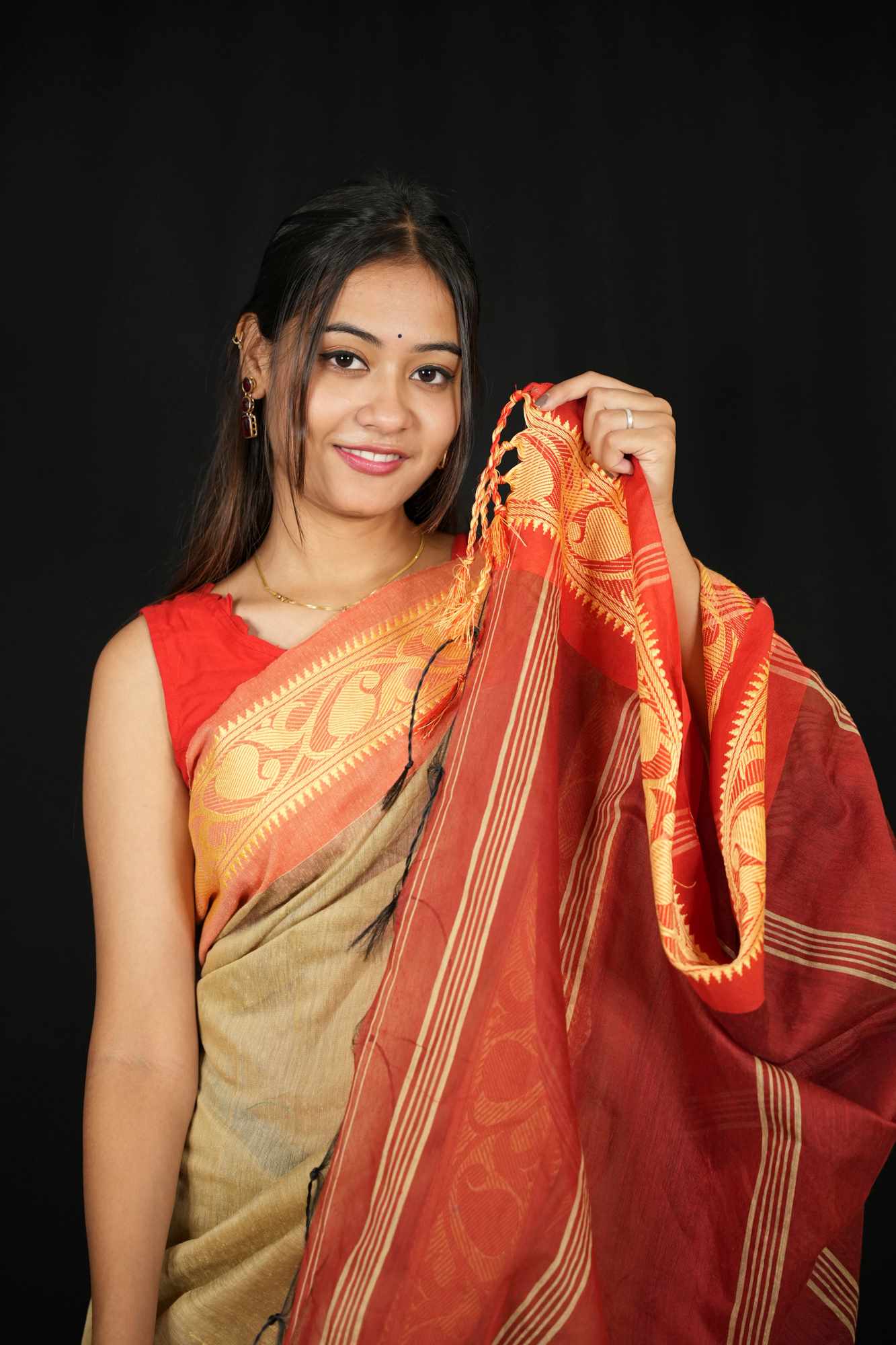 Golden Beige Cotton Silk with Red Woven Border & Pallu Ready To Wear Saree