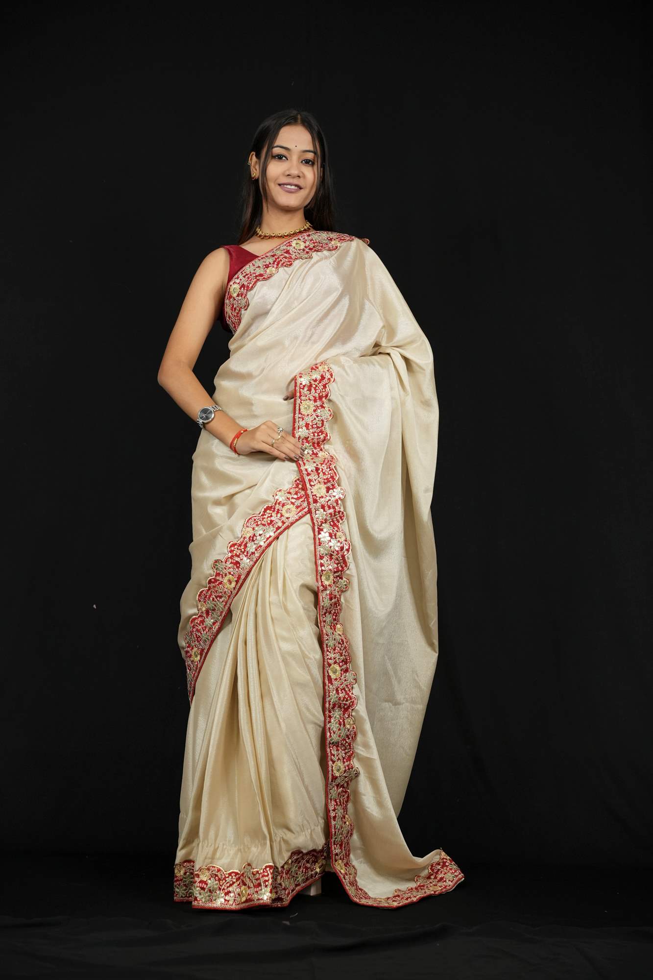 Chinon Silk in Light Beige with Red Border and Bandhej border with Gota Patti Ready To Wear Saree