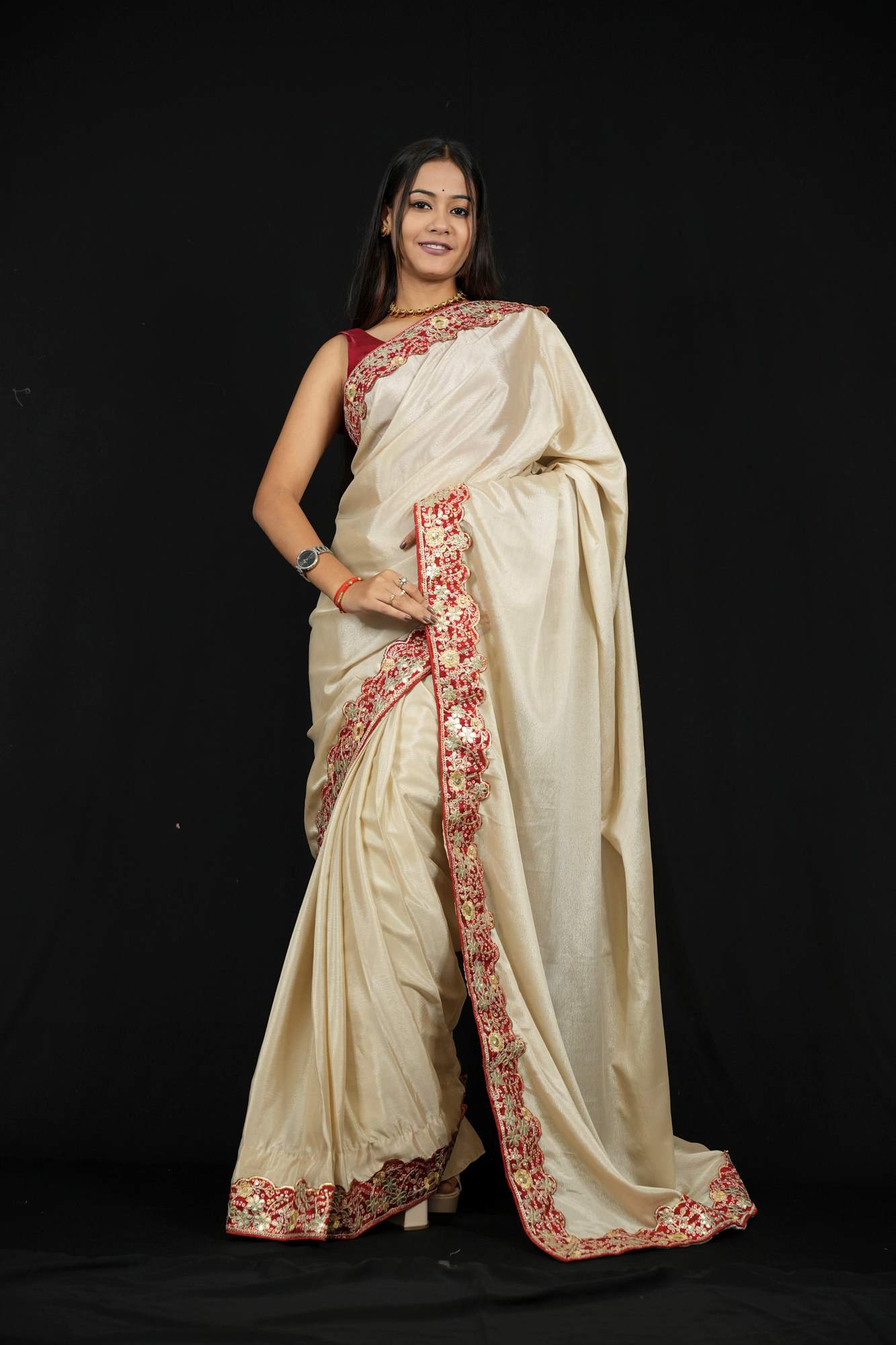 Chinon Silk in Light Beige with Red Border and Bandhej border with Gota Patti Ready To Wear Saree