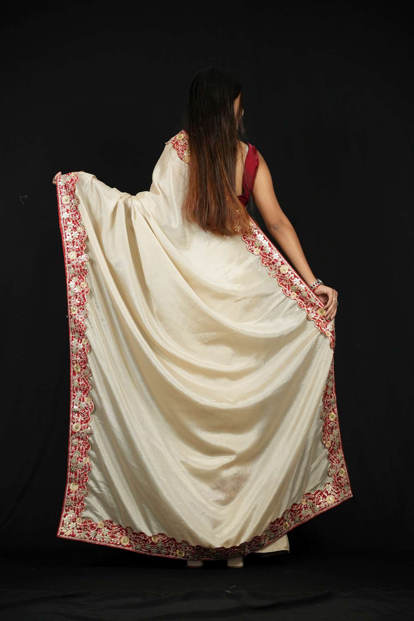 Chinon Silk in Light Beige with Red Border and Bandhej border with Gota Patti Ready To Wear Saree