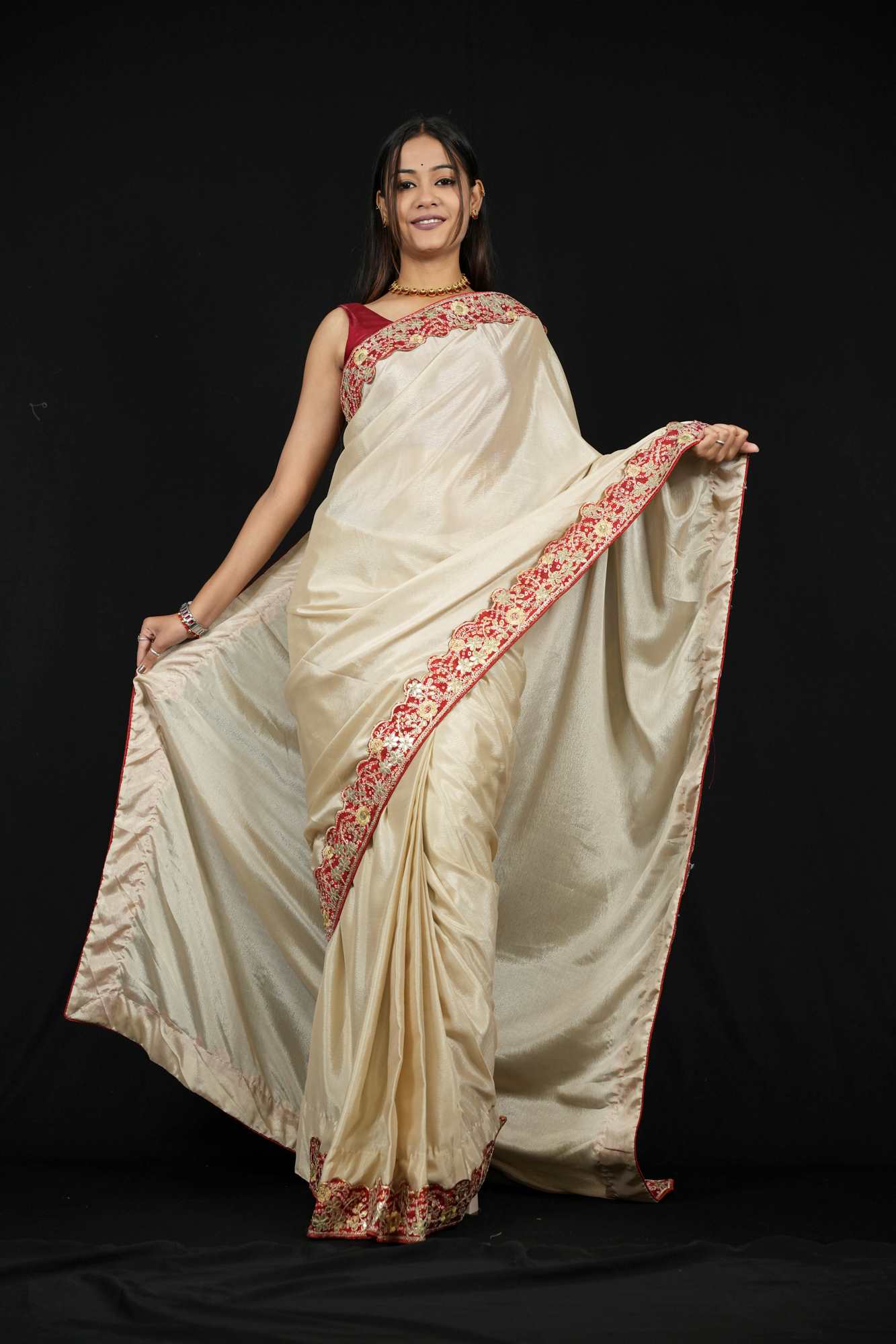 Chinon Silk in Light Beige with Red Border and Bandhej border with Gota Patti Ready To Wear Saree