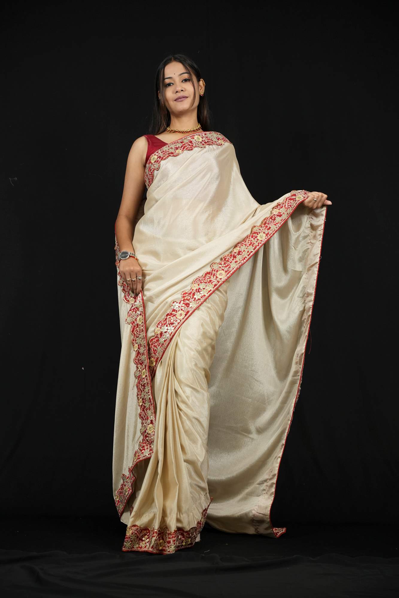 Chinon Silk in Light Beige with Red Border and Bandhej border with Gota Patti Ready To Wear Saree