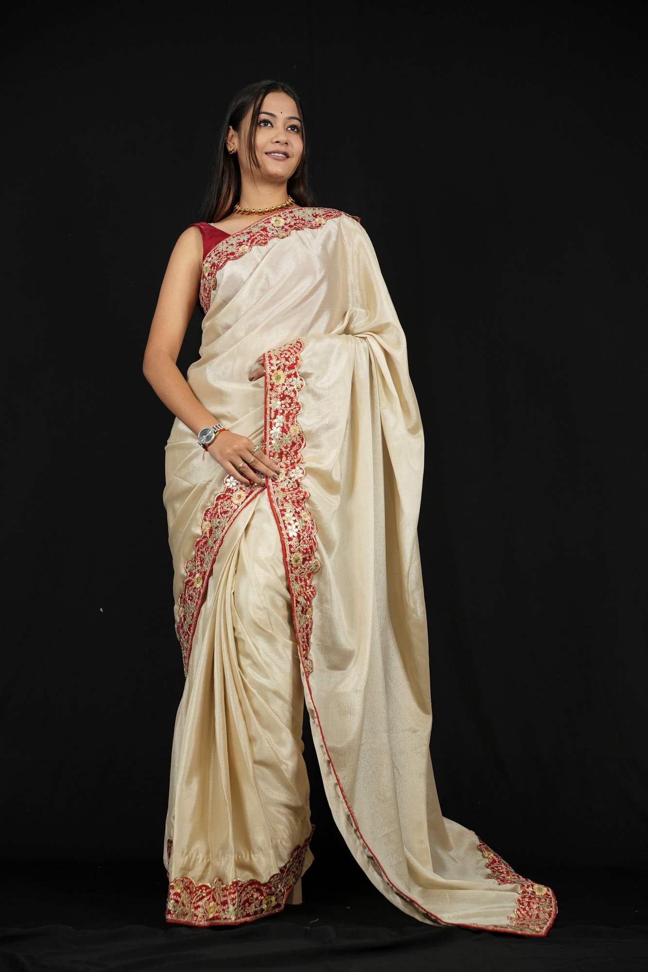 Chinon Silk in Light Beige with Red Border and Bandhej border with Gota Patti Ready To Wear Saree