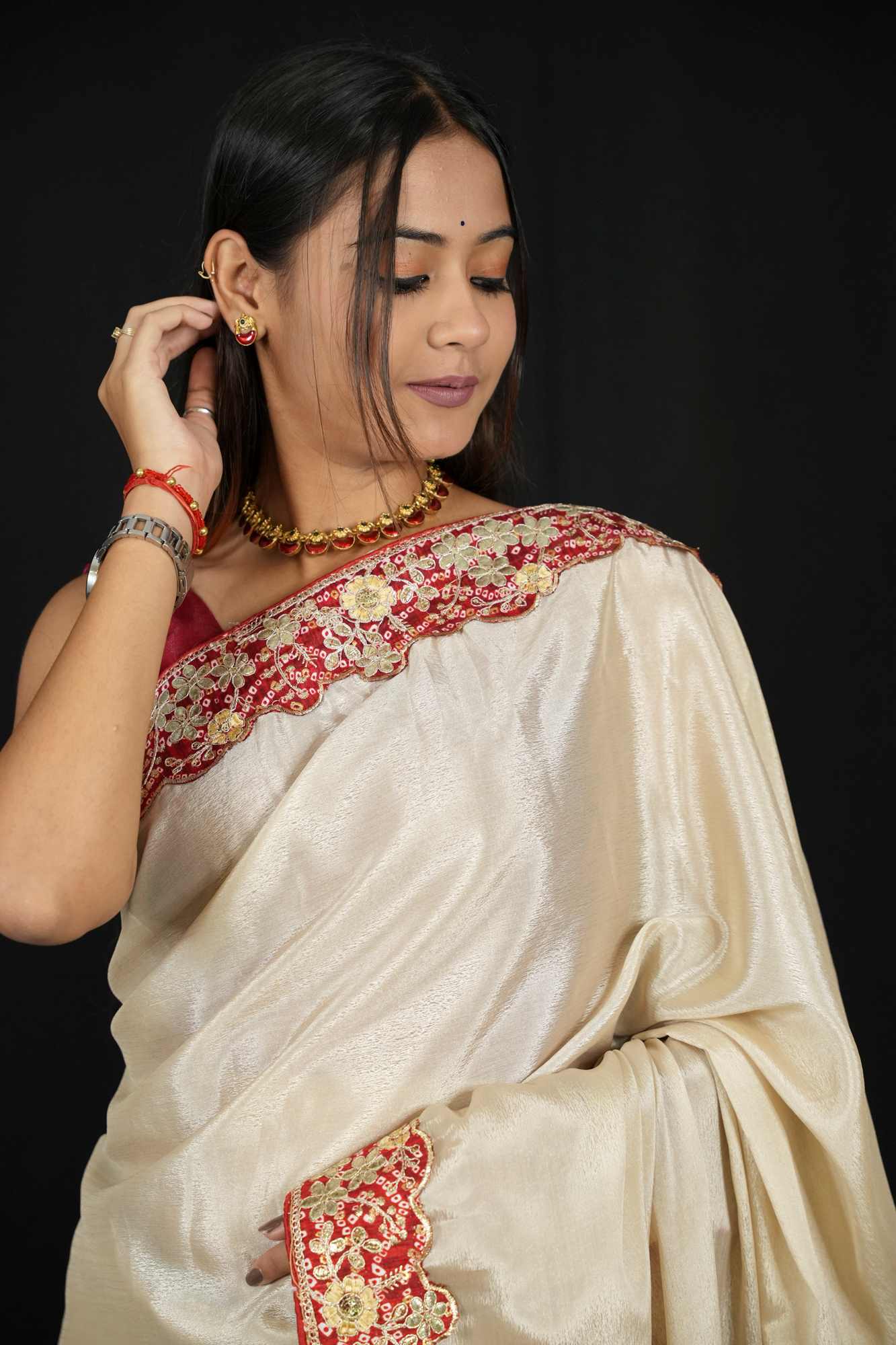 Chinon Silk in Light Beige with Red Border and Bandhej border with Gota Patti Ready To Wear Saree