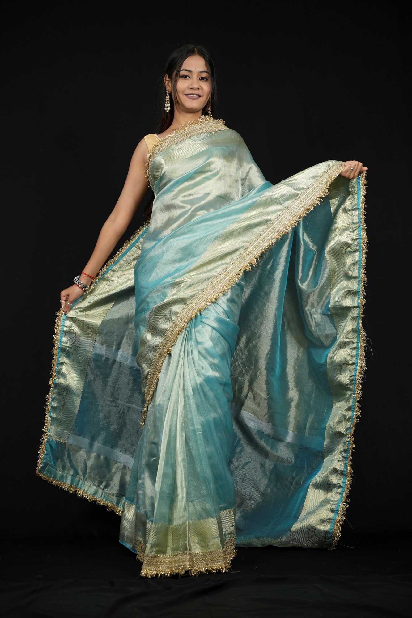Tissue Silk Banarasi Inspired Zari Border With Lace Work Ready To Wear Saree