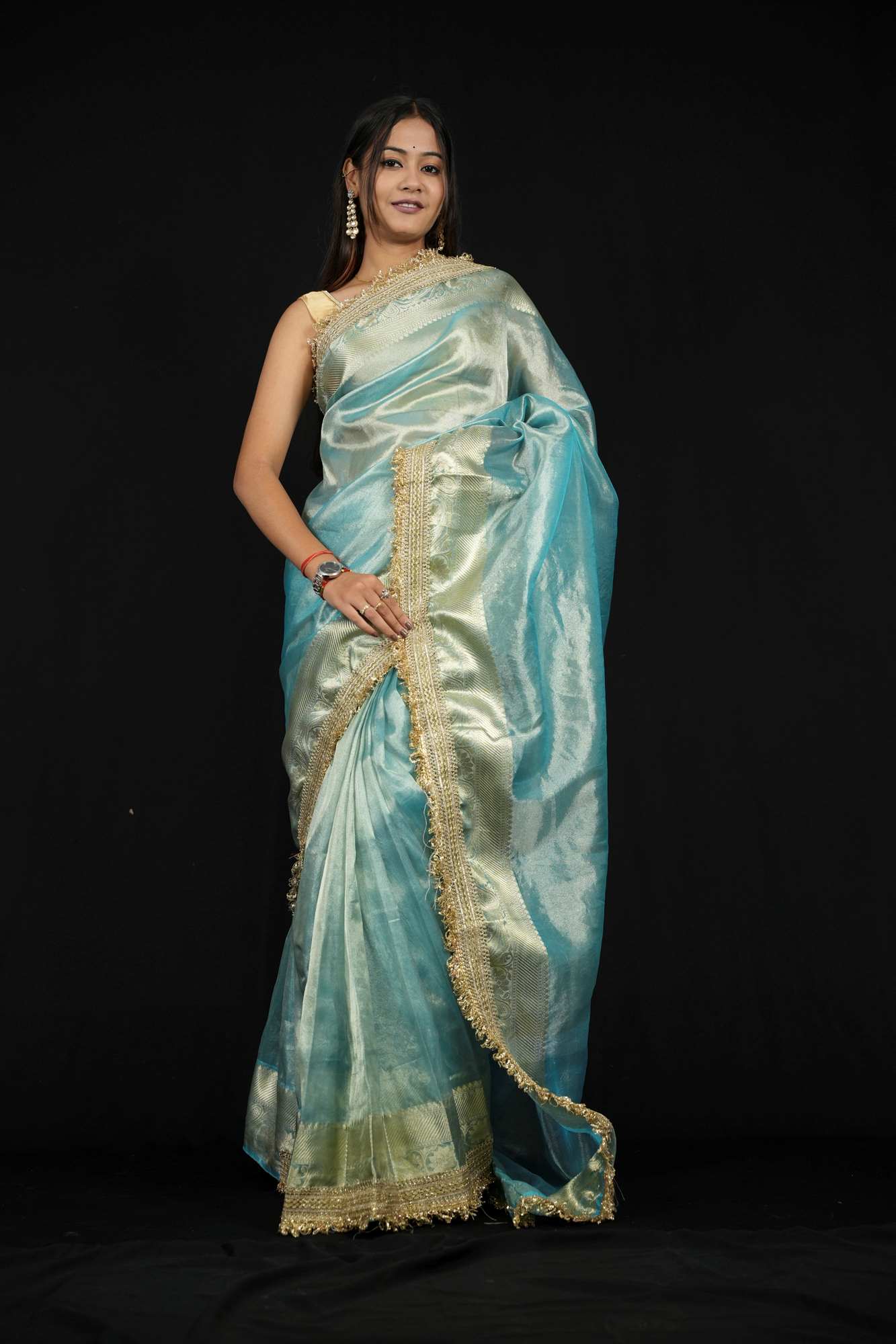 Tissue Silk Banarasi Inspired Zari Border With Lace Work Ready To Wear Saree