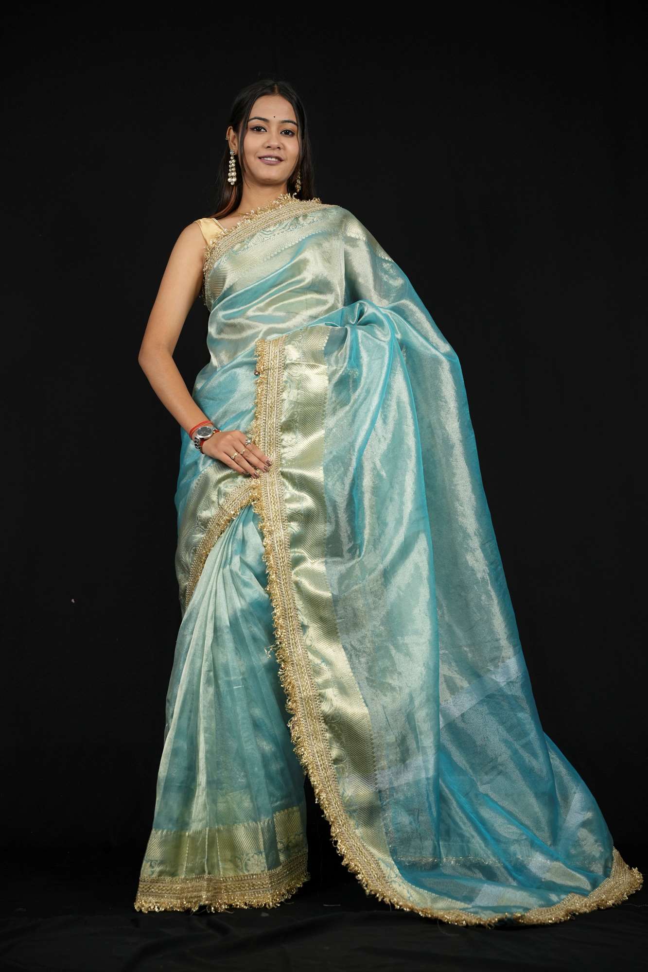 Tissue Silk Banarasi Inspired Zari Border With Lace Work Ready To Wear Saree