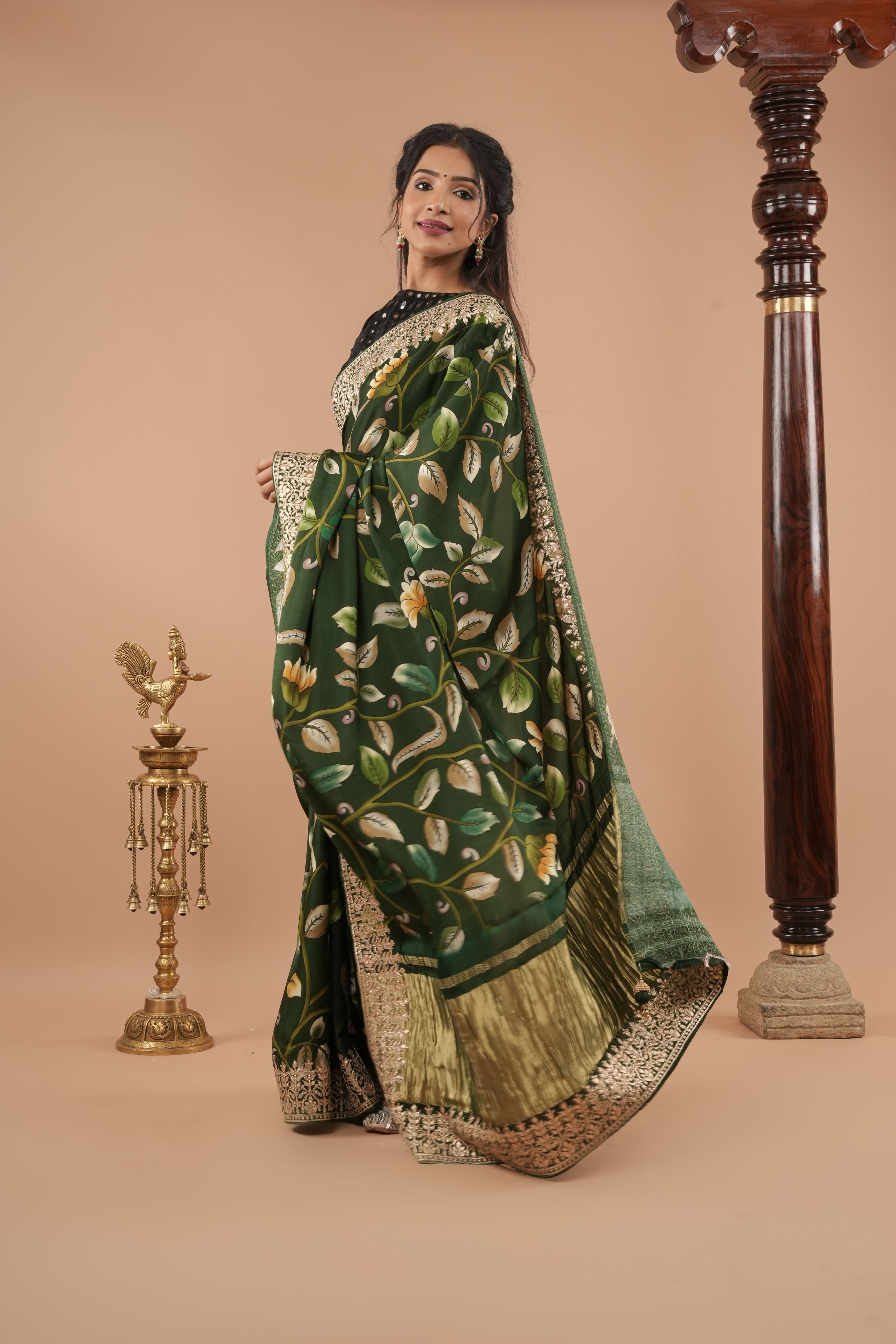 Gajji Silk Saree with Gotta Patti Borders, crushed zari palla and Floral Digital Print | Shobitam