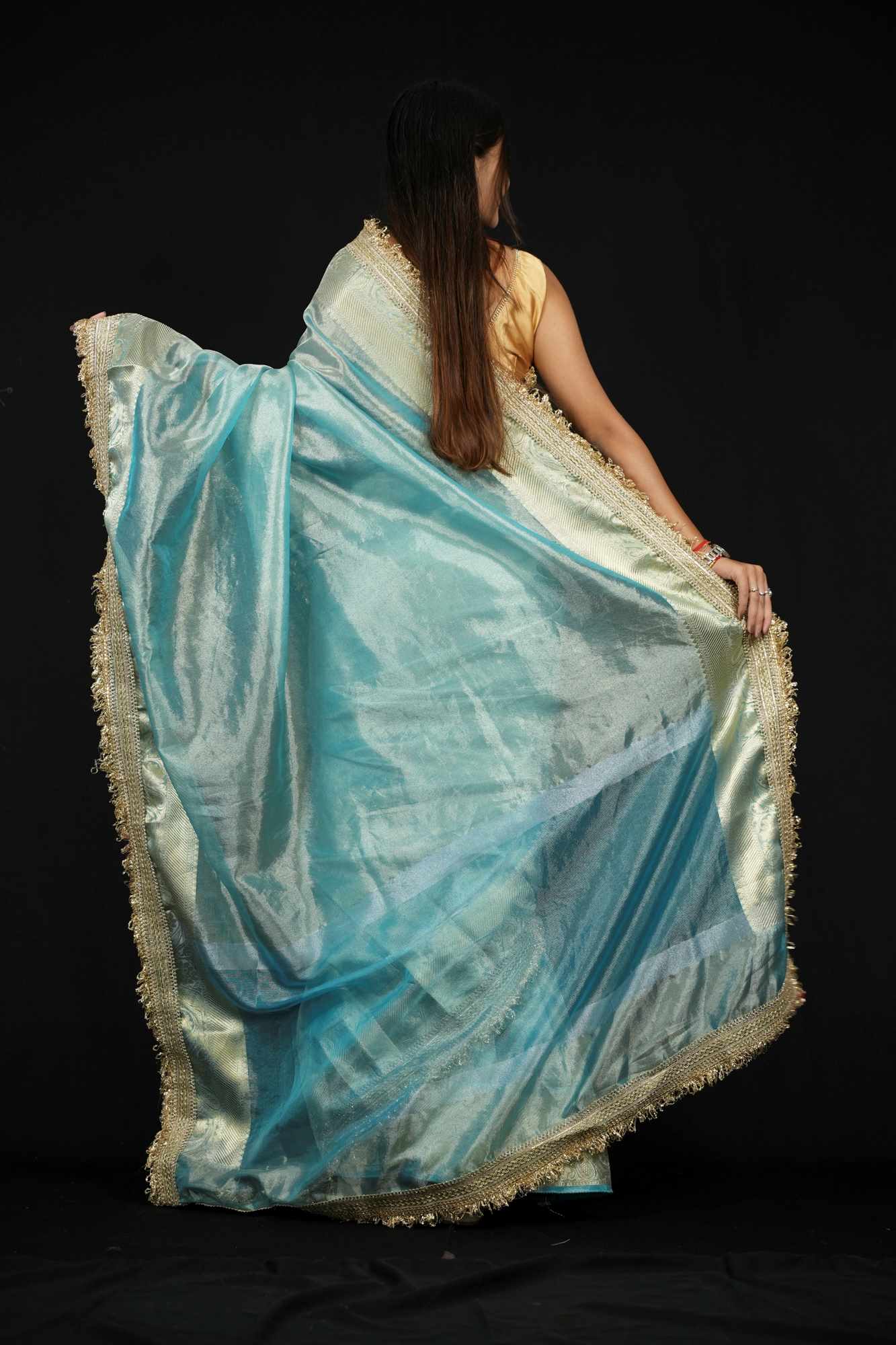 Tissue Silk Banarasi Inspired Zari Border With Lace Work Ready To Wear Saree