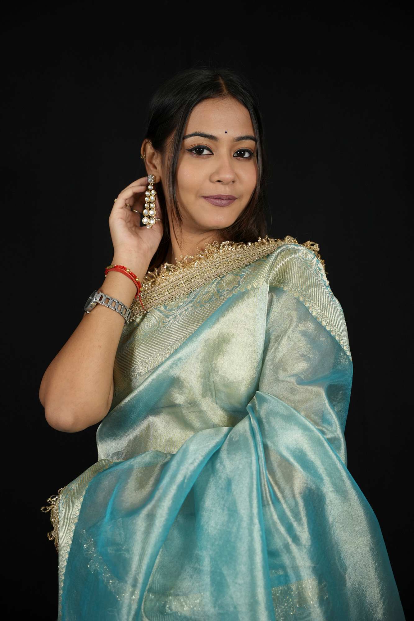 Tissue Silk Banarasi Inspired Zari Border With Lace Work Ready To Wear Saree