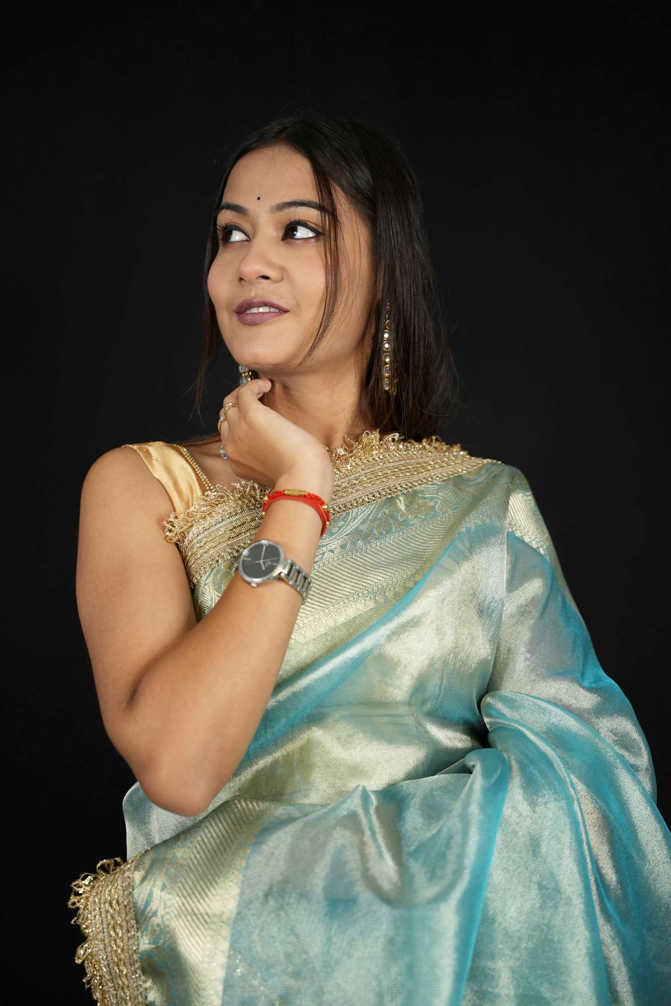 Tissue Silk Banarasi Inspired Zari Border With Lace Work Ready To Wear Saree