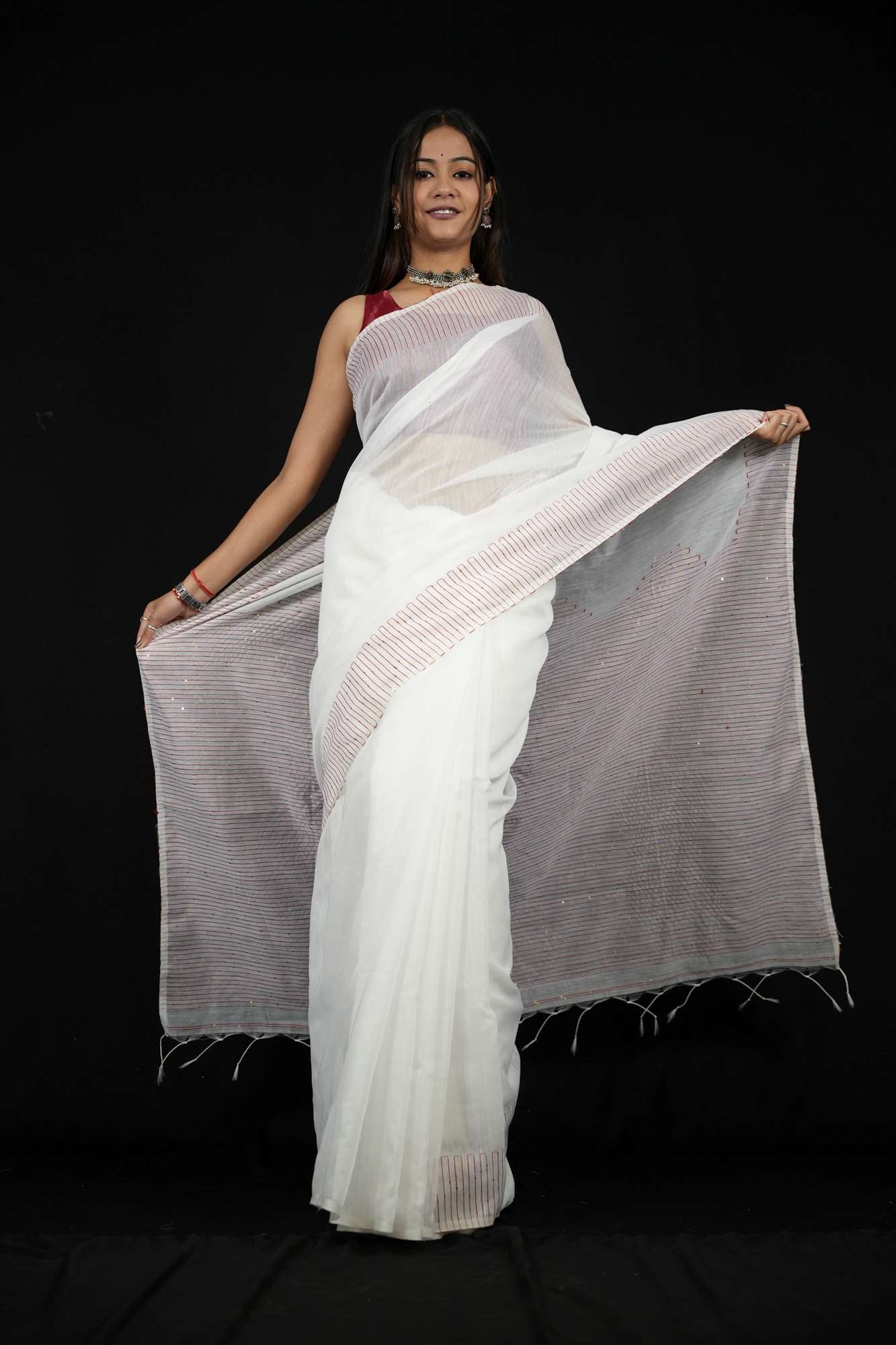 White Cotton with Subtle Striped Border & Pallu Ready To Wear Saree