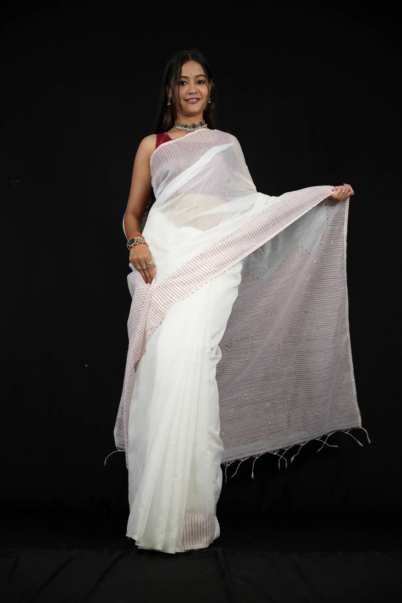 White Cotton with Subtle Striped Border & Pallu Ready To Wear Saree