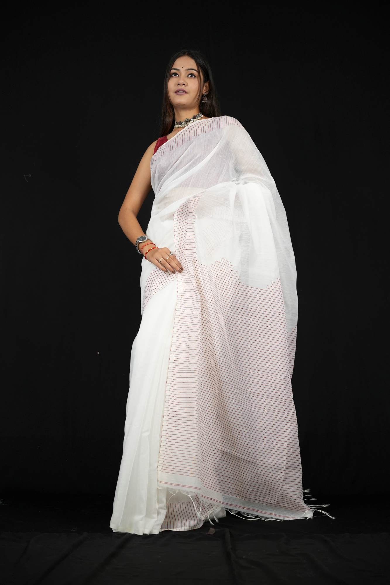 White Cotton with Subtle Striped Border & Pallu Ready To Wear Saree