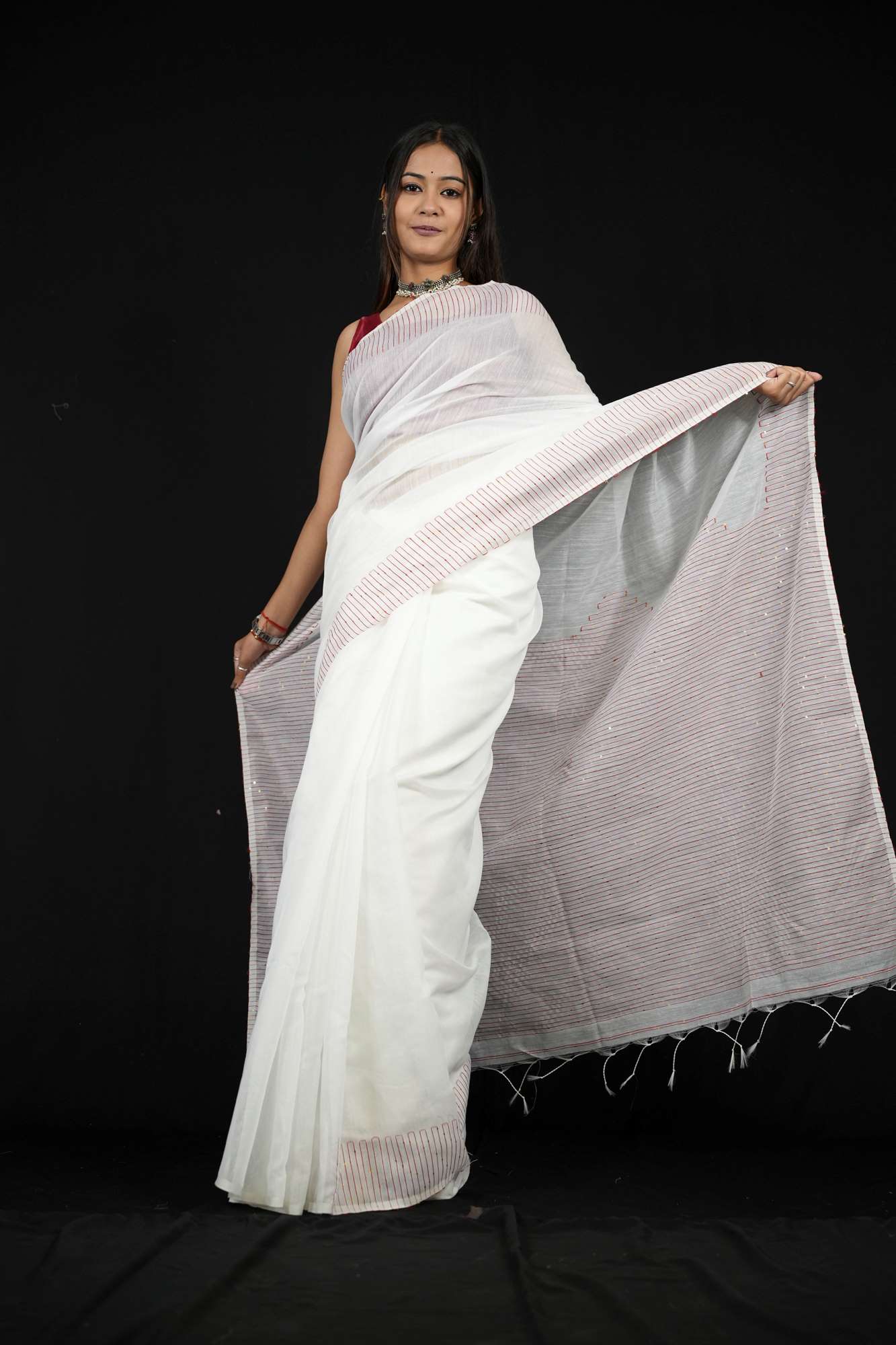 White Cotton with Subtle Striped Border & Pallu Ready To Wear Saree
