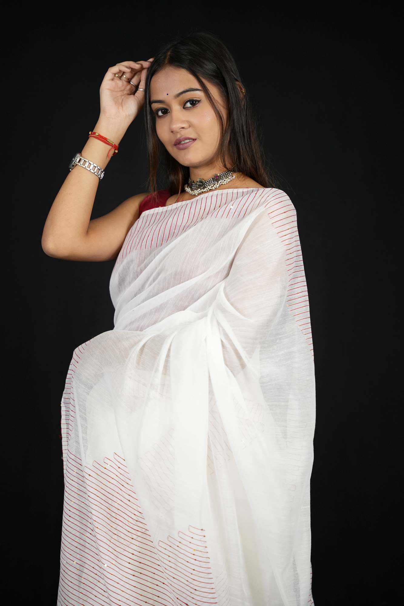 White Cotton with Subtle Striped Border & Pallu Ready To Wear Saree
