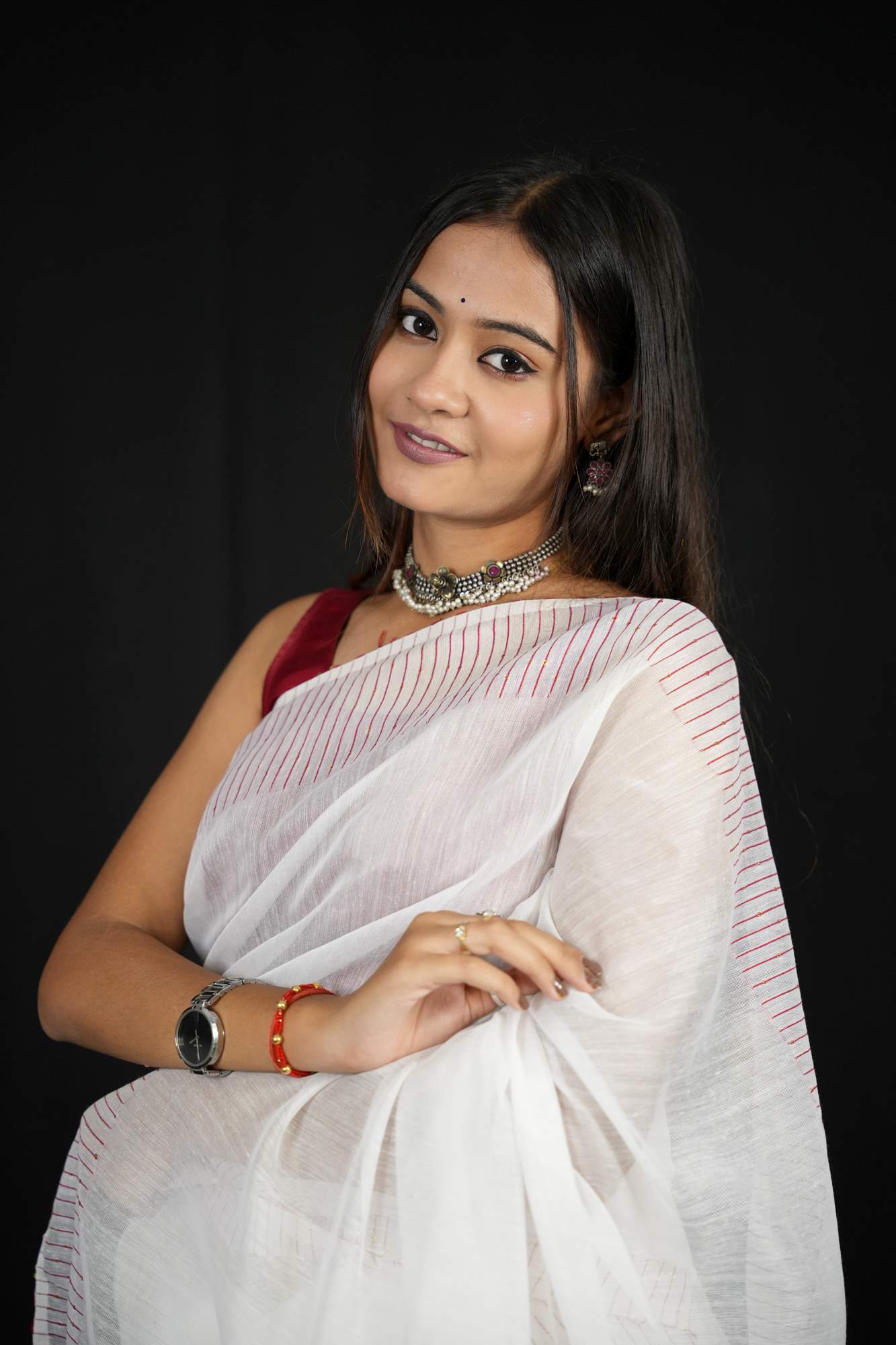 White Cotton with Subtle Striped Border & Pallu Ready To Wear Saree