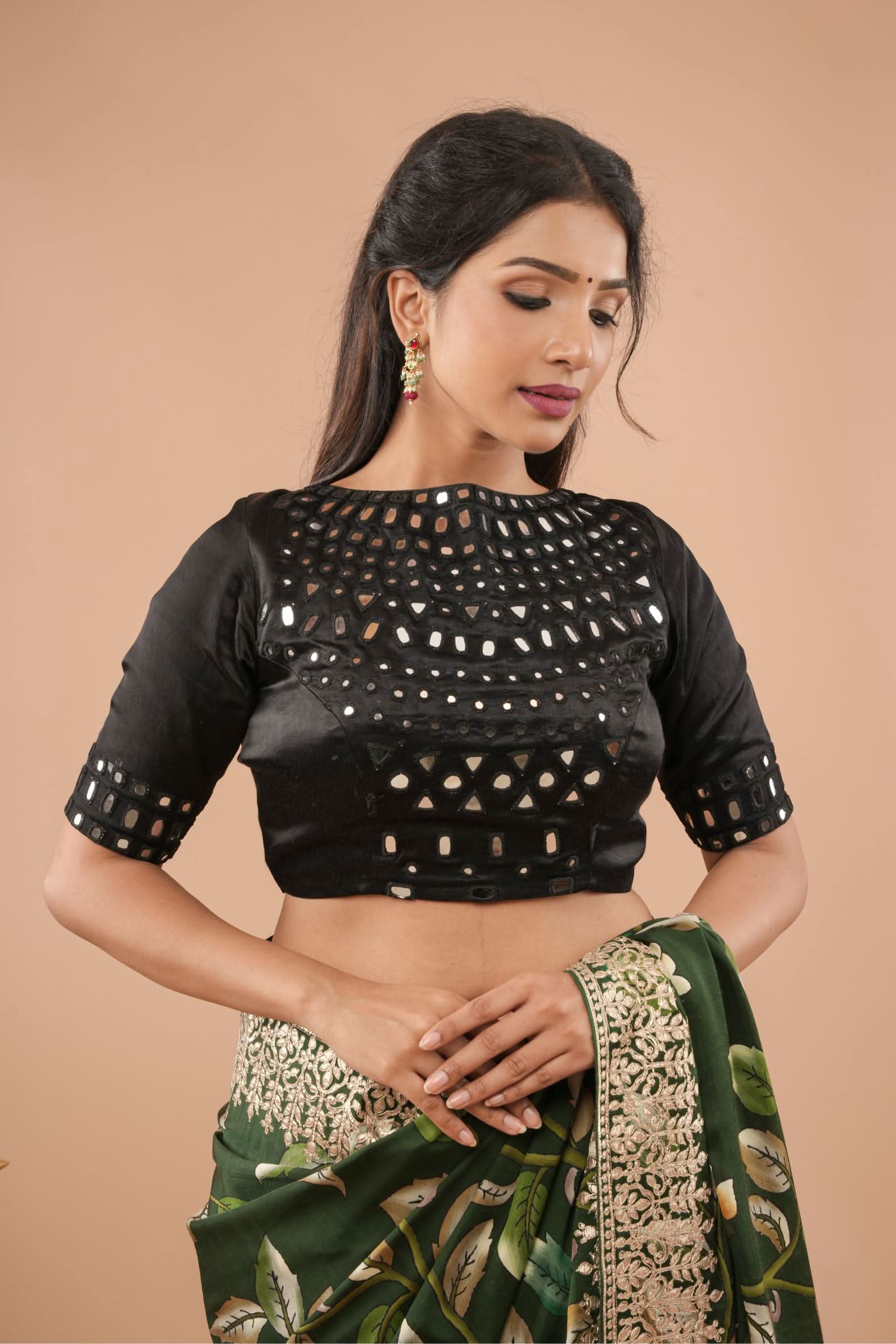 Made To Order: Black Mirror Embroidery blouse, Customizable | Shobitam