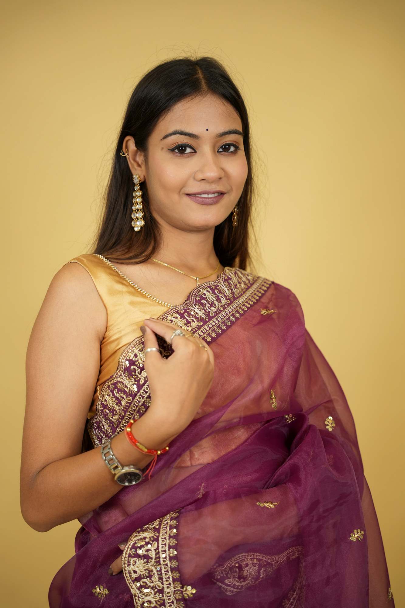 Dark Purple Soft Organza Silk with Gold Embroidery & Sequin Work Ready To Wear Saree with ornate embroidered blouse piece