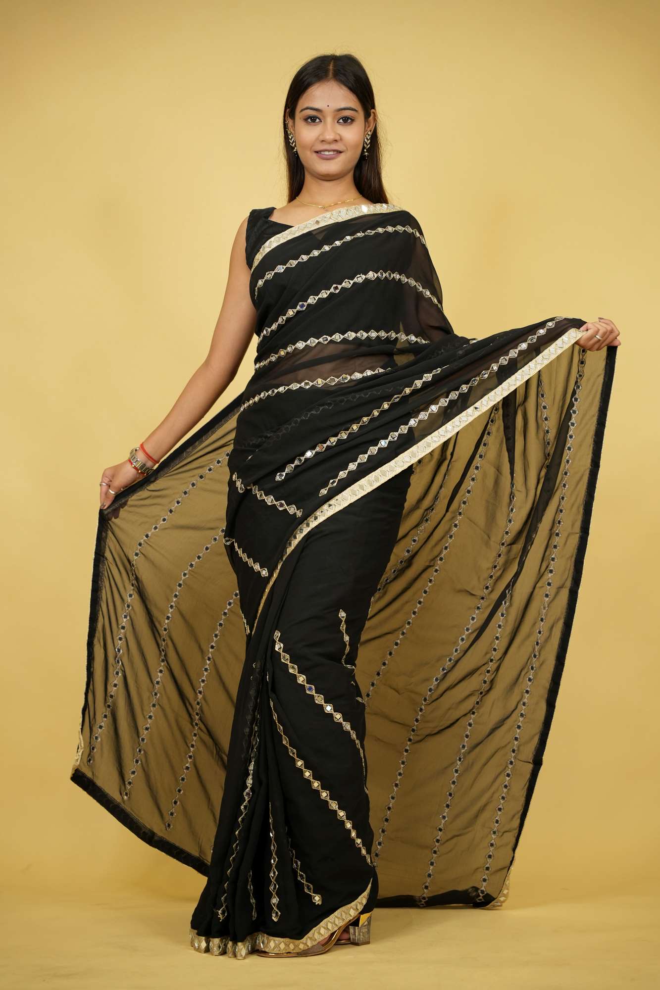 Mirror & Embroidery Work Georgette Ready To Wear Saree