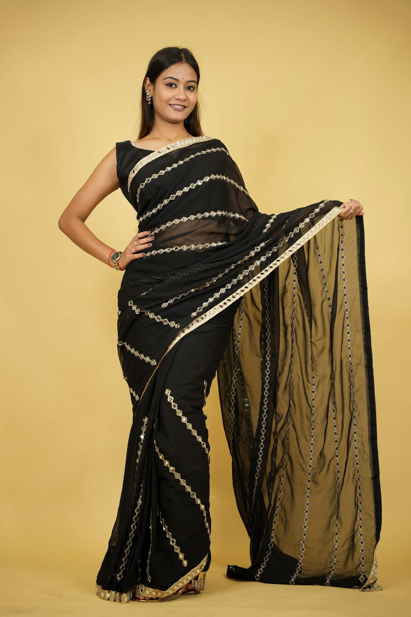 Mirror & Embroidery Work Georgette Ready To Wear Saree